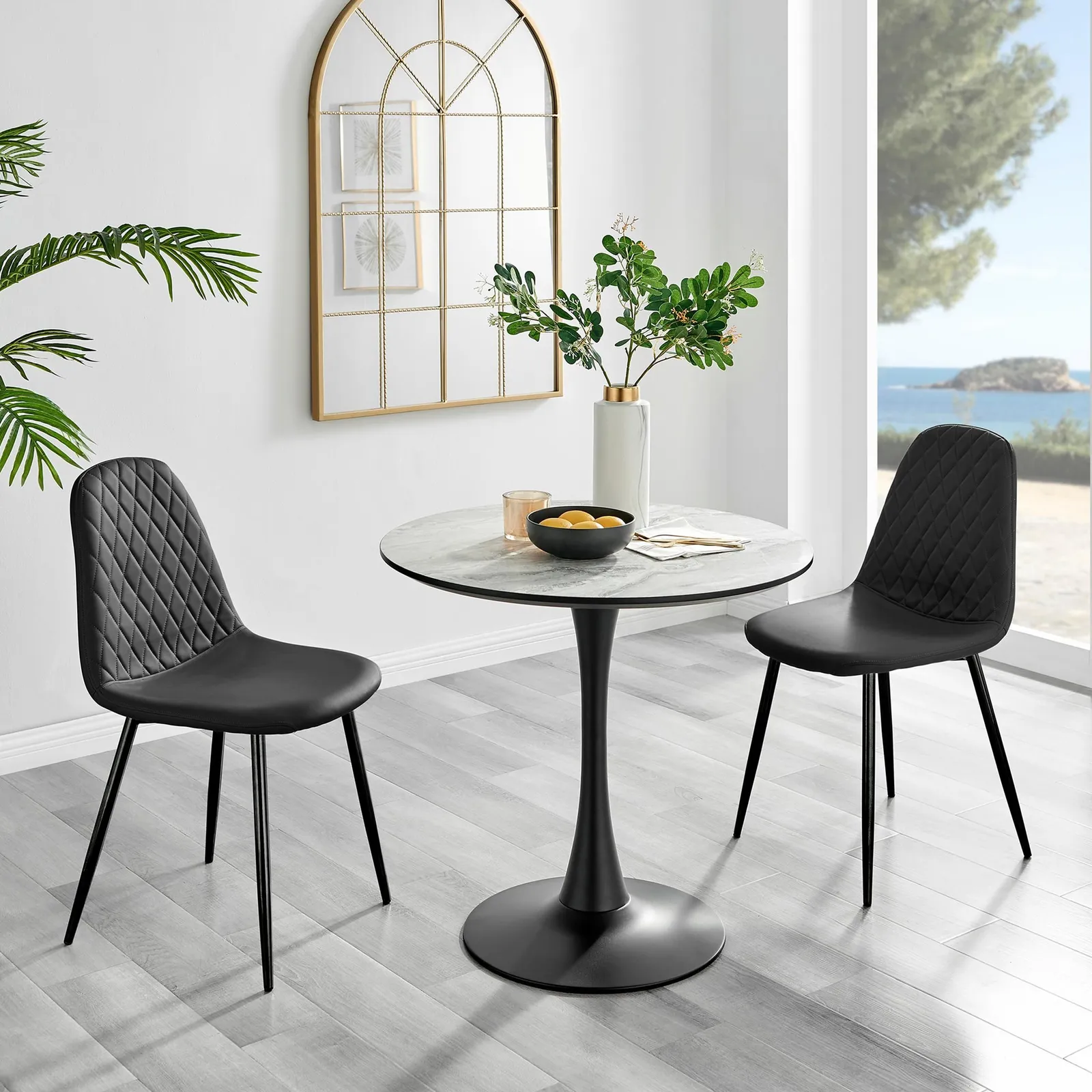 FurnitureboxUK Elina White Marble Effect Scratch Resistant Dining Table & 2 Corona Black Leg Chairs 1