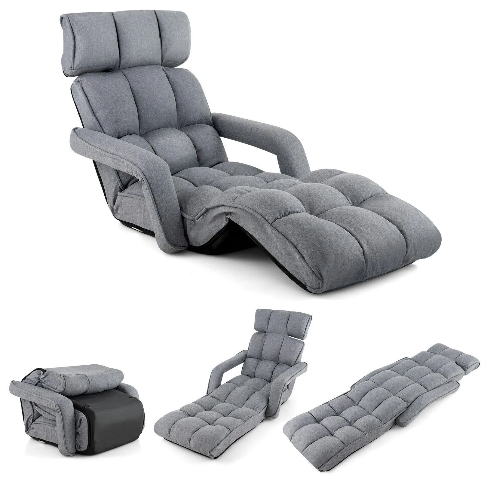 Costway Folding Sofa Chair 6 Positions Adjustable Floor Lazy Chair with Armrest Single Sofa in Grey