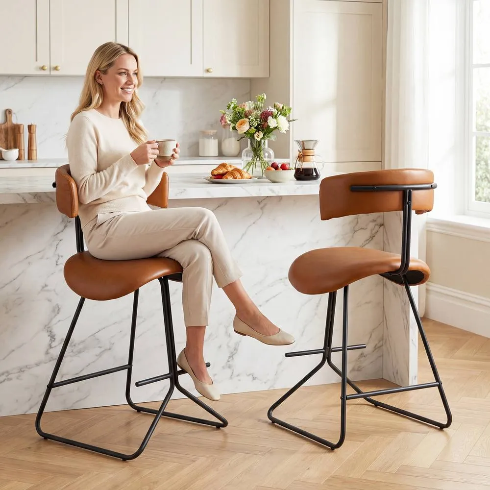 Costway 2PCS Counter Height Stools Faux Leather Upholstered Armless Barstools in Brown 4