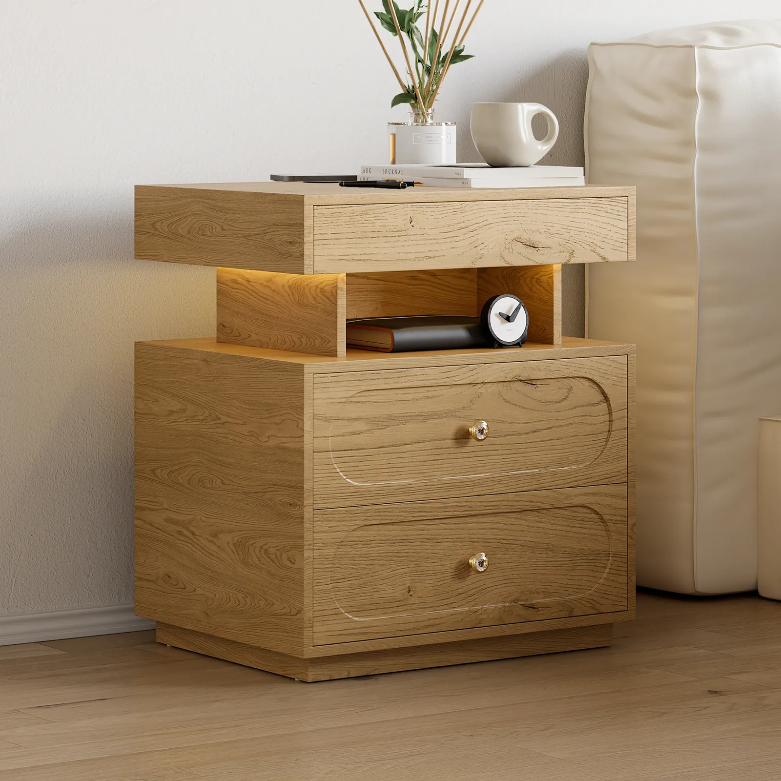 Modern Smart Bedside Table with Light 2 Drawer Bedside Table with Charging Station