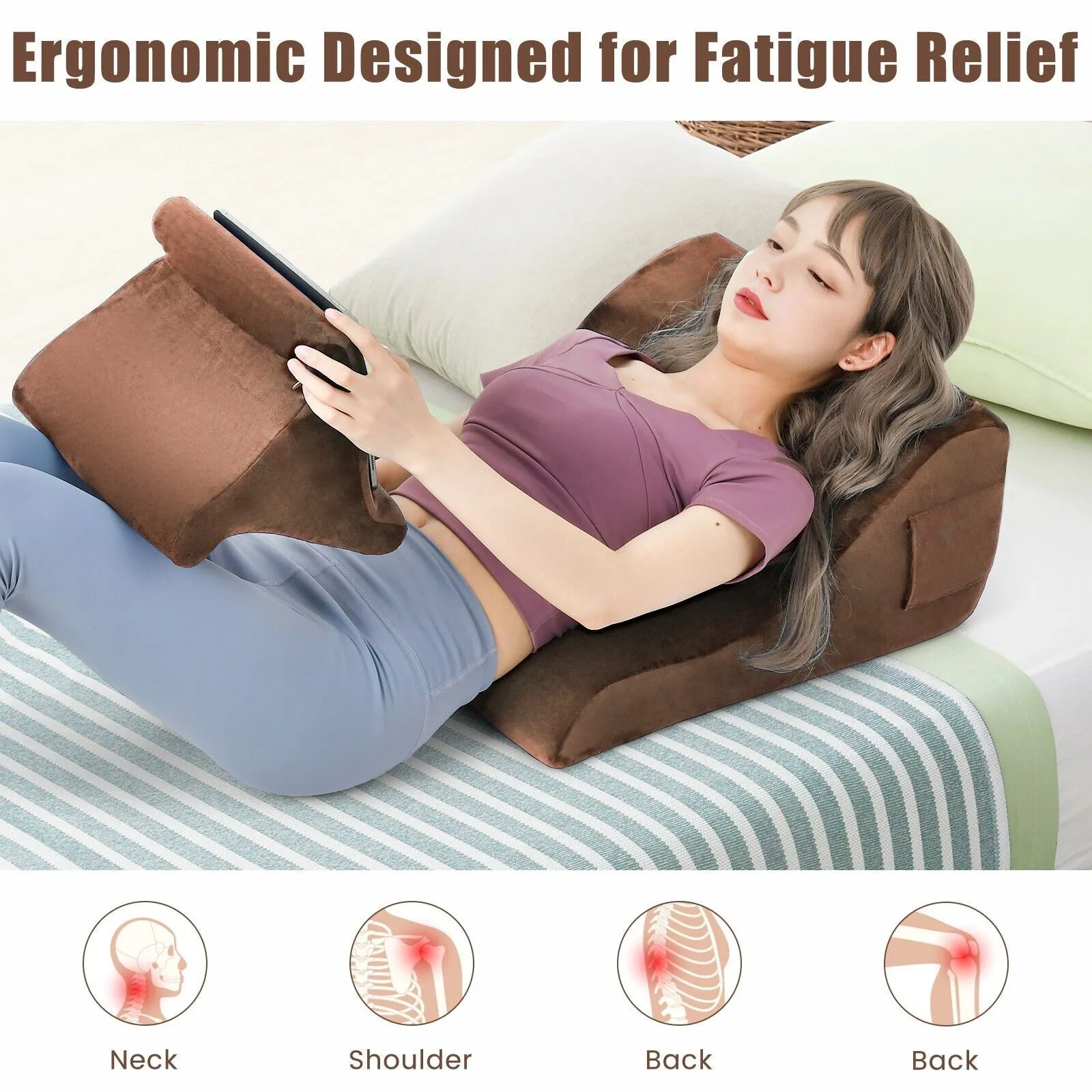 Costway 4 in 1 Bed Wedge Pillow Tablet Pillow Stand Side Pockets High Resilience Foam in Brown 5