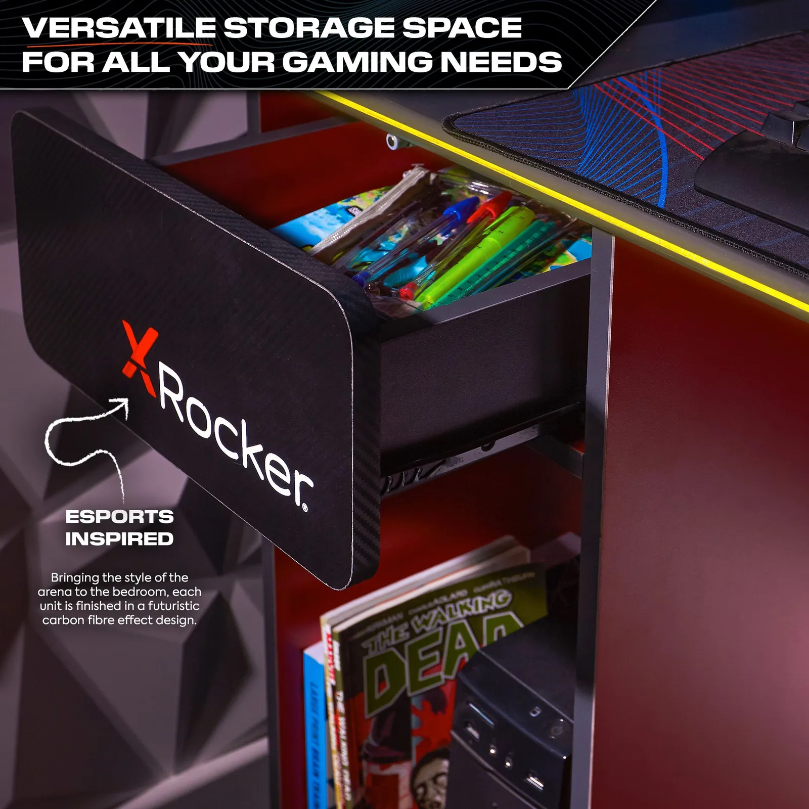 X Rocker Carbon-Tek 120cm LED Gaming Desk with Drawer & Charging in Red 4