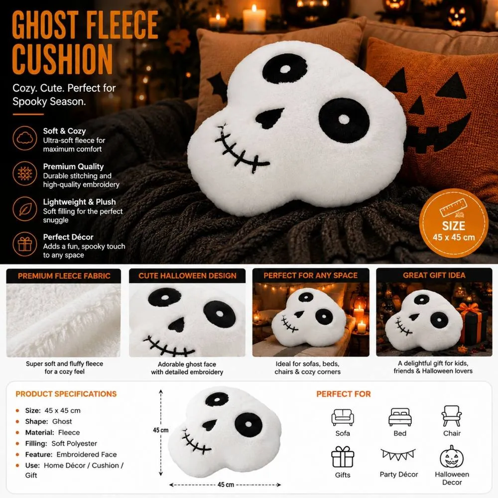 Smart Living Halloween Ghost Fleece Cushions Set of 2 or 4 Spooky Decor in White 4
