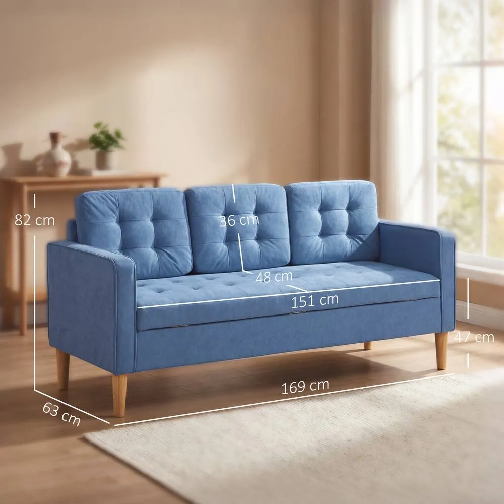 HOMCOM Modern 3 Seater Sofa with Hidden Storage & Rubber Wood Legs in Blue 3