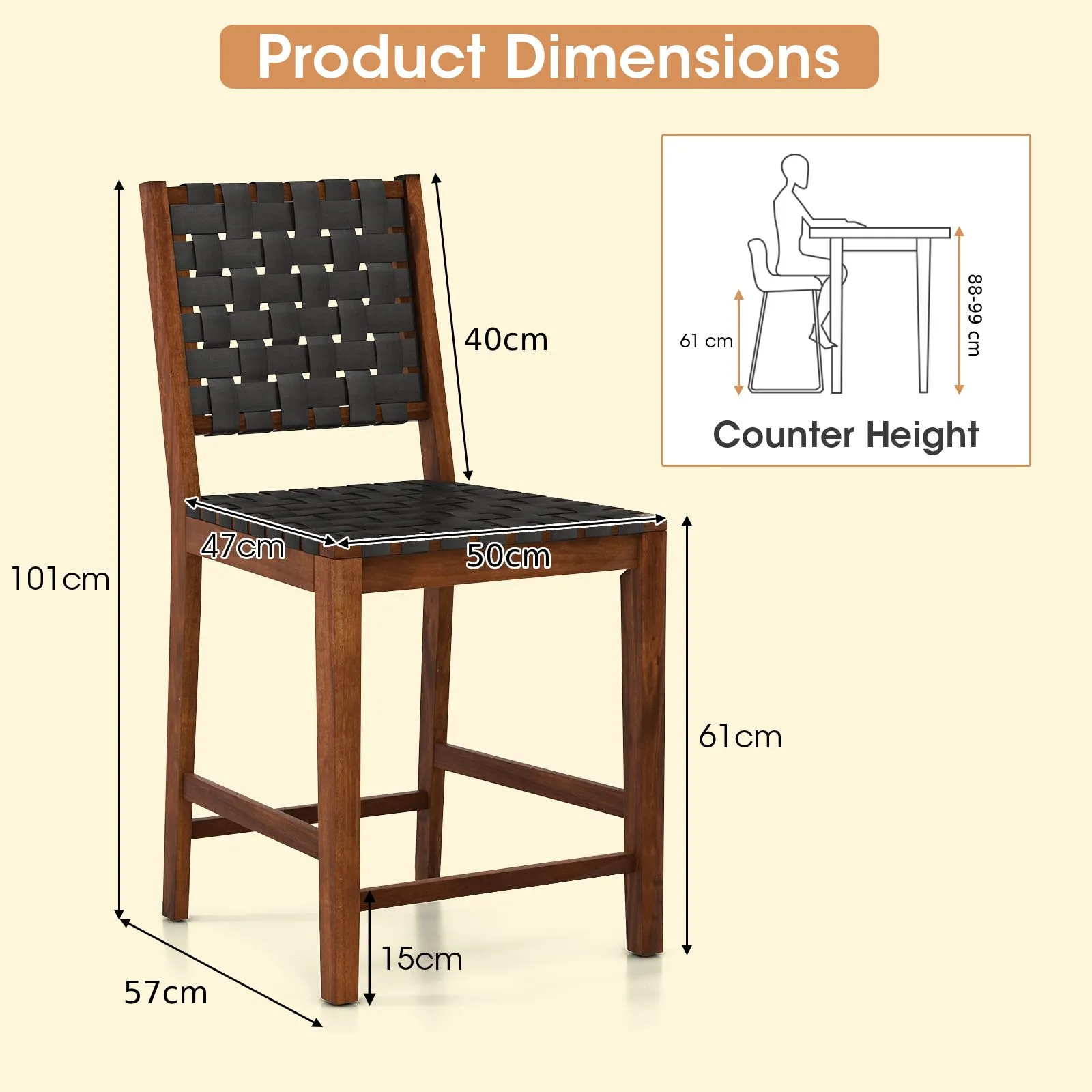 Costway Woven Bar Stools Set of 2 Counter Height Chairs w/ Faux PU Leather Straps in Brown 2