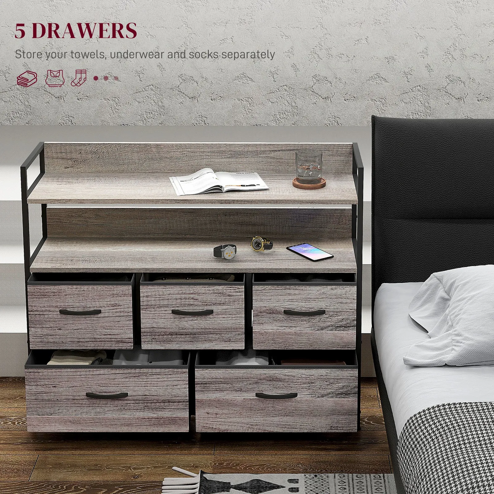 HOMCOM Bedroom Chest of Drawers 6 Drawer Dresser w/ Shelf, Grey Wood Effect 4