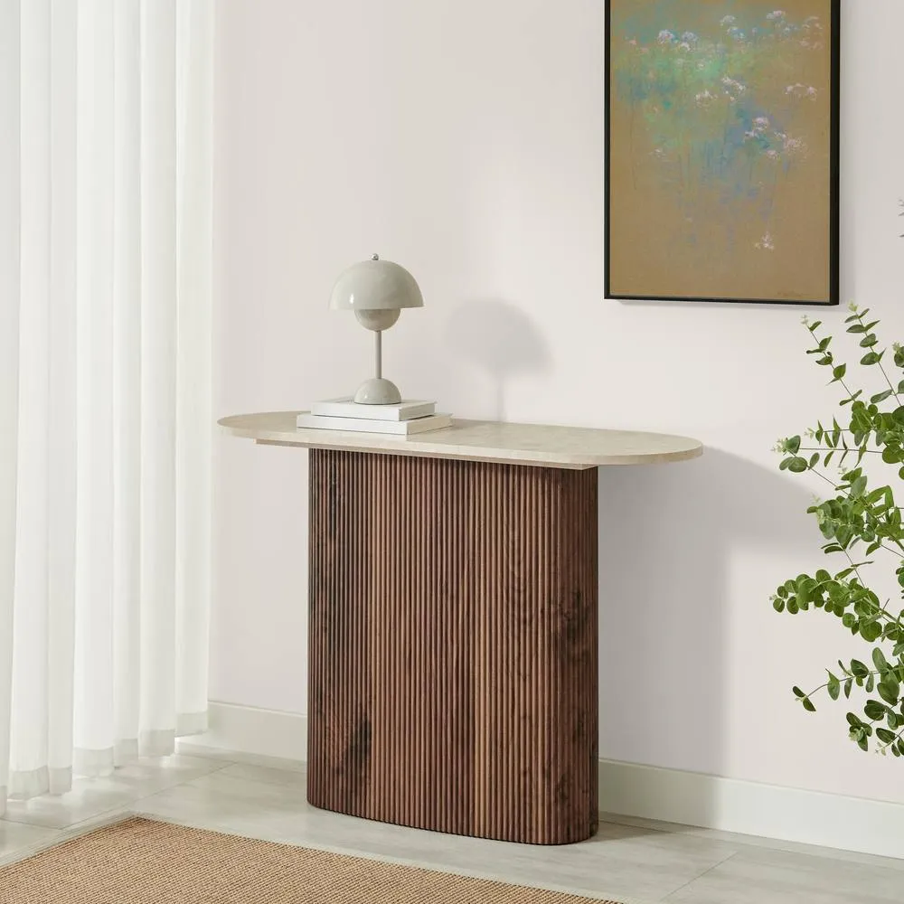 FurnitureboxUK Penrose Rounded Walnut Wood & Marble Effect Console Table 2