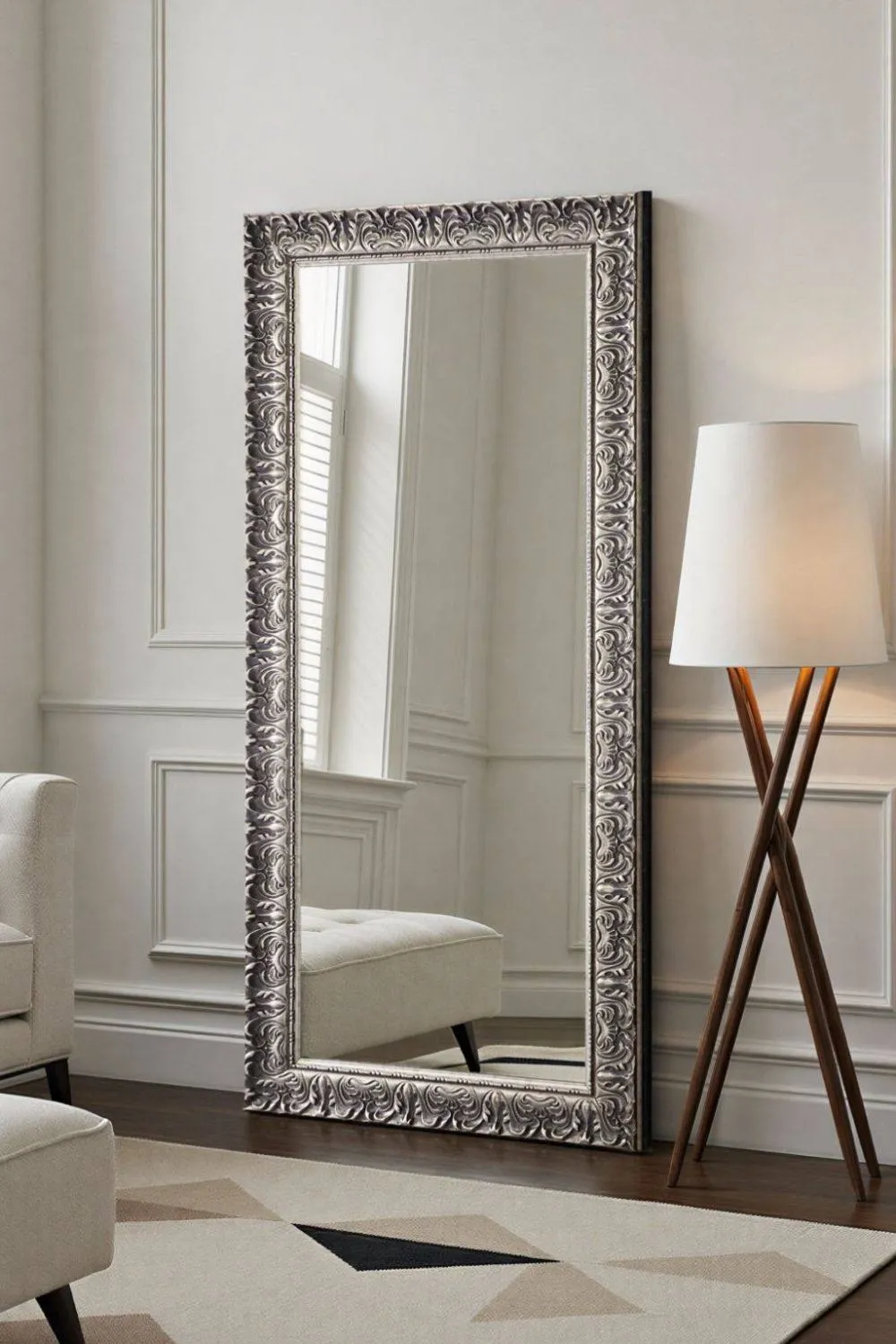 Yearn Mirrors Carved Framed Bevelled Full Length Mirror Silver 169x77cm