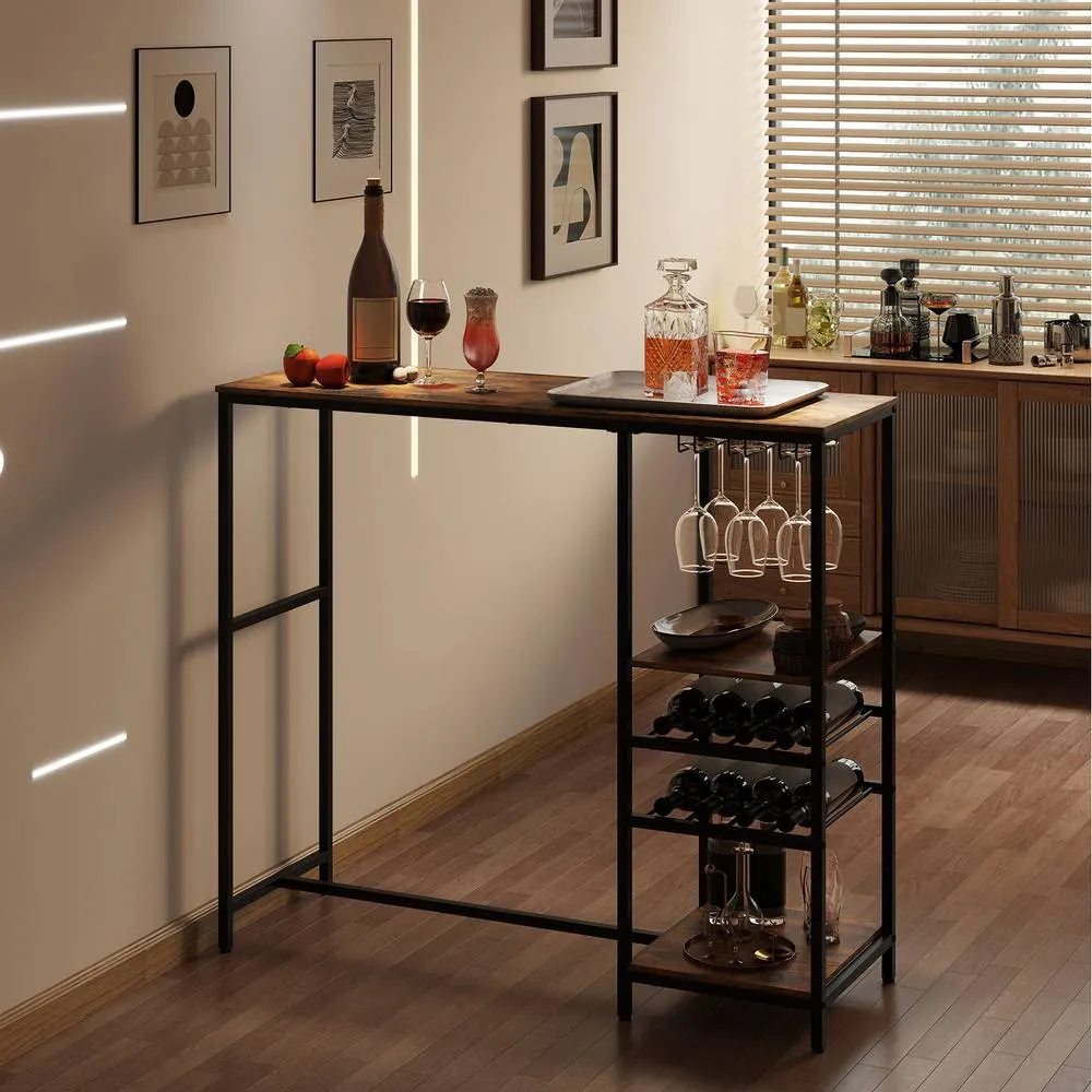 Costway 121cm Long Bar Table Bar Height Dining Table with Storage Shelves in Brown