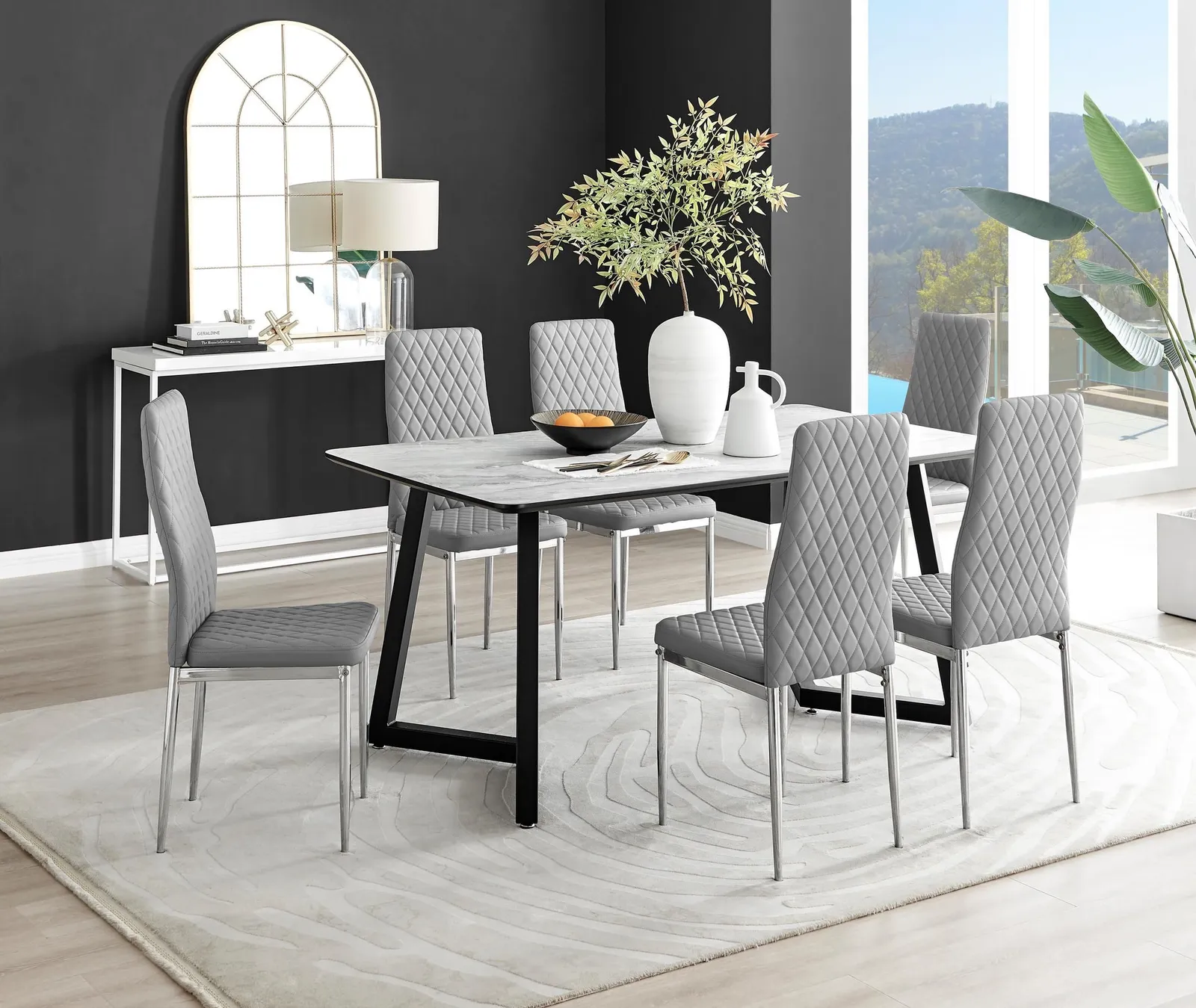 FurnitureboxUK Carson White Marble Effect Dining Table & 6 Milan Chrome Leg Chairs in Grey