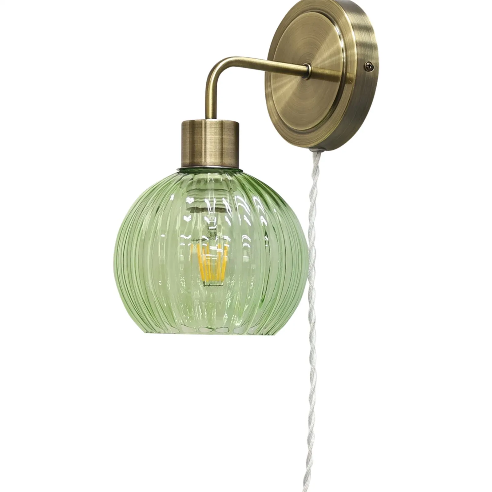 First Choice Lighting Toby - Antique Brass Plug in Wall Light with Betchley Green Shade in Gold 2