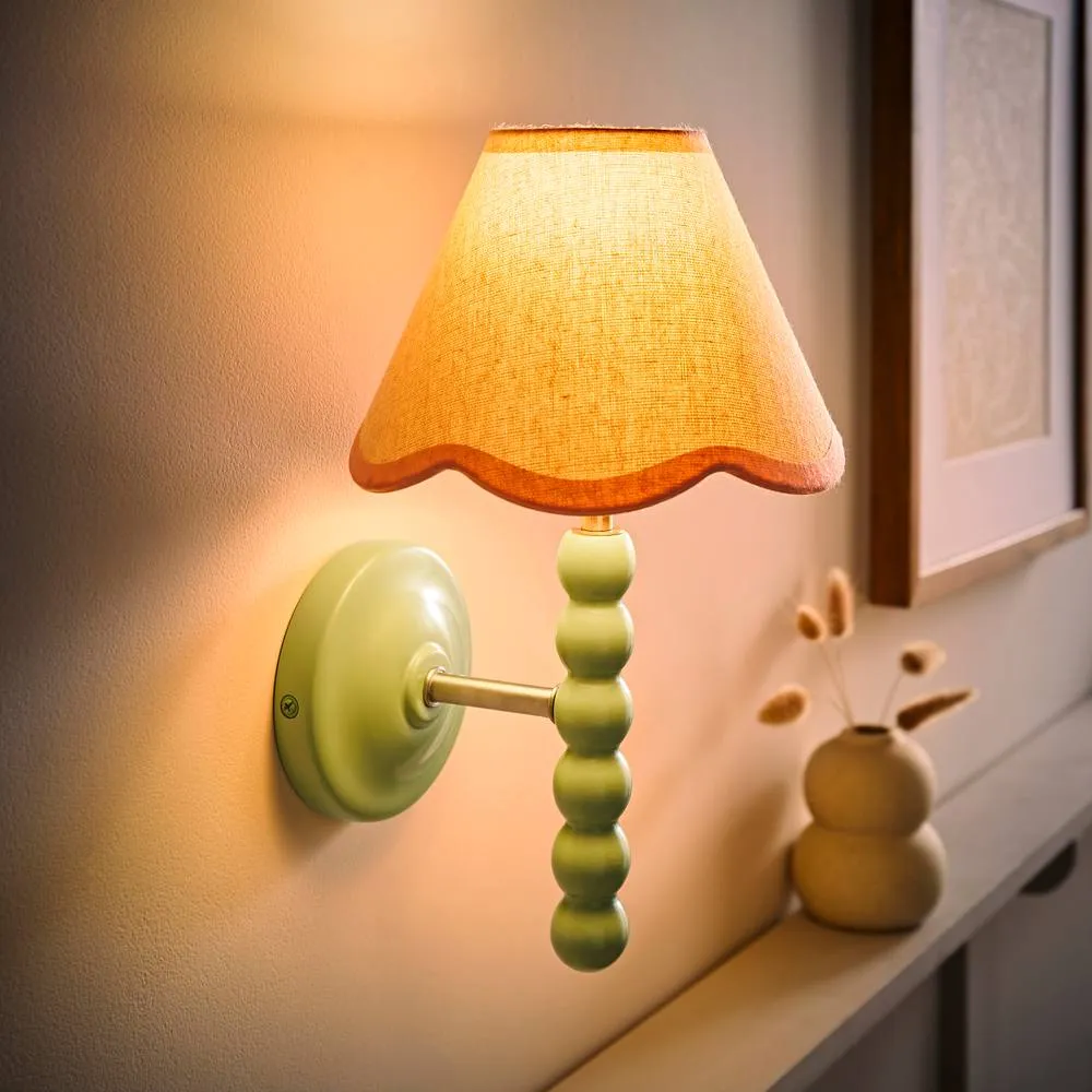 ValueLights Bobbins Sage Green Wall Light with Linen Trim Lamp Shade & LED Bulb in Pale Pink 2