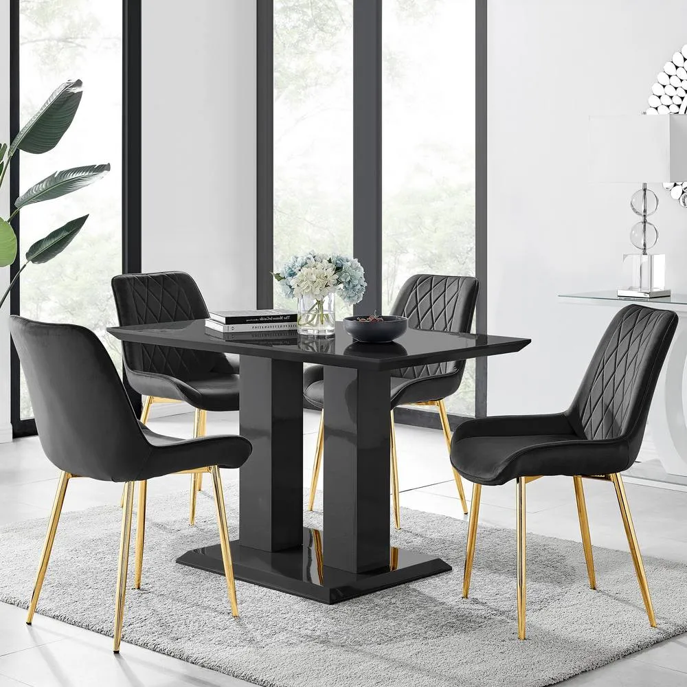 FurnitureboxUK Imperia 4 Black Dining Table & 4 Black Pesaro Gold Leg Chairs
