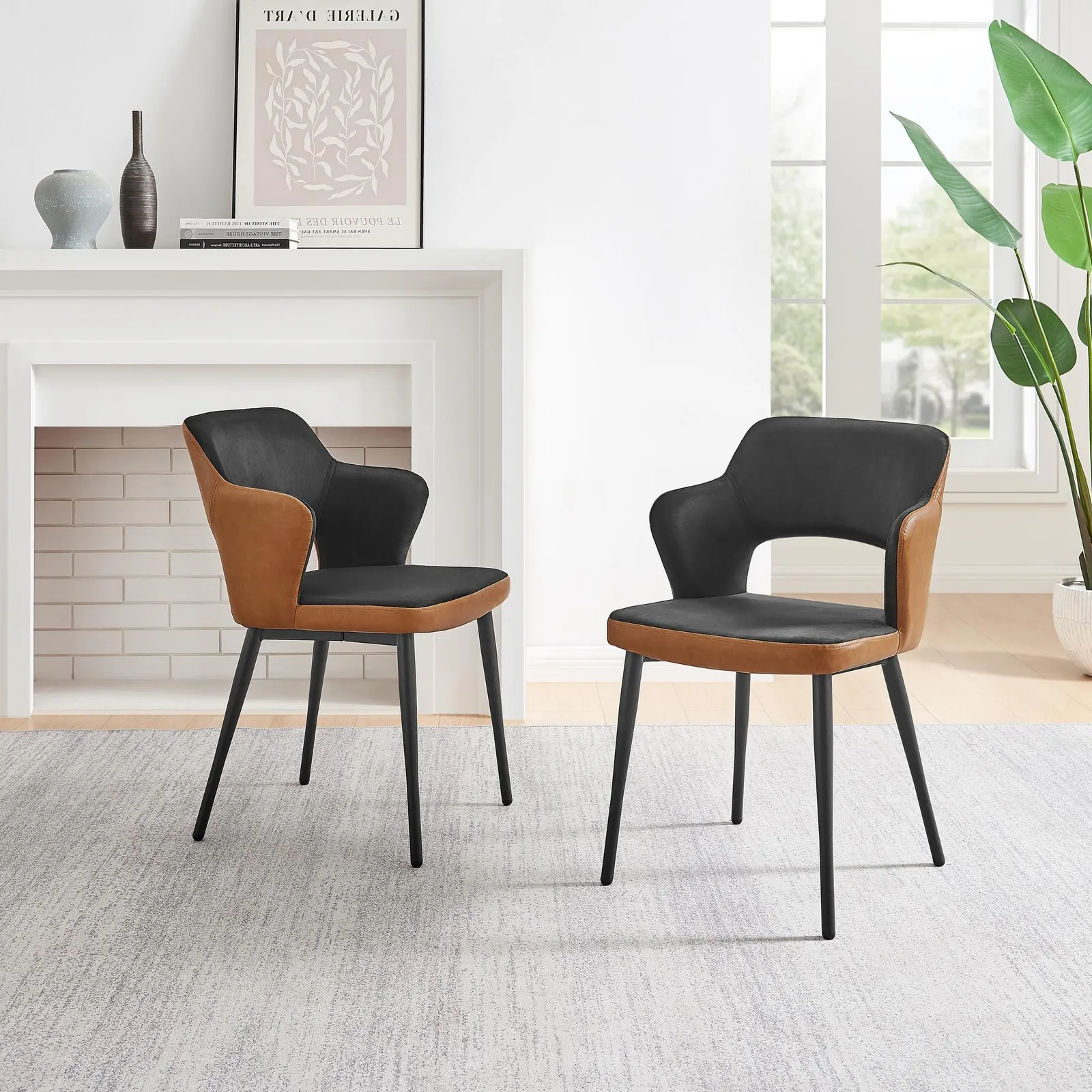 FurnitureboxUK Kai 2x Black Velvet Tan Faux Leather Black Leg Dining Chair 3