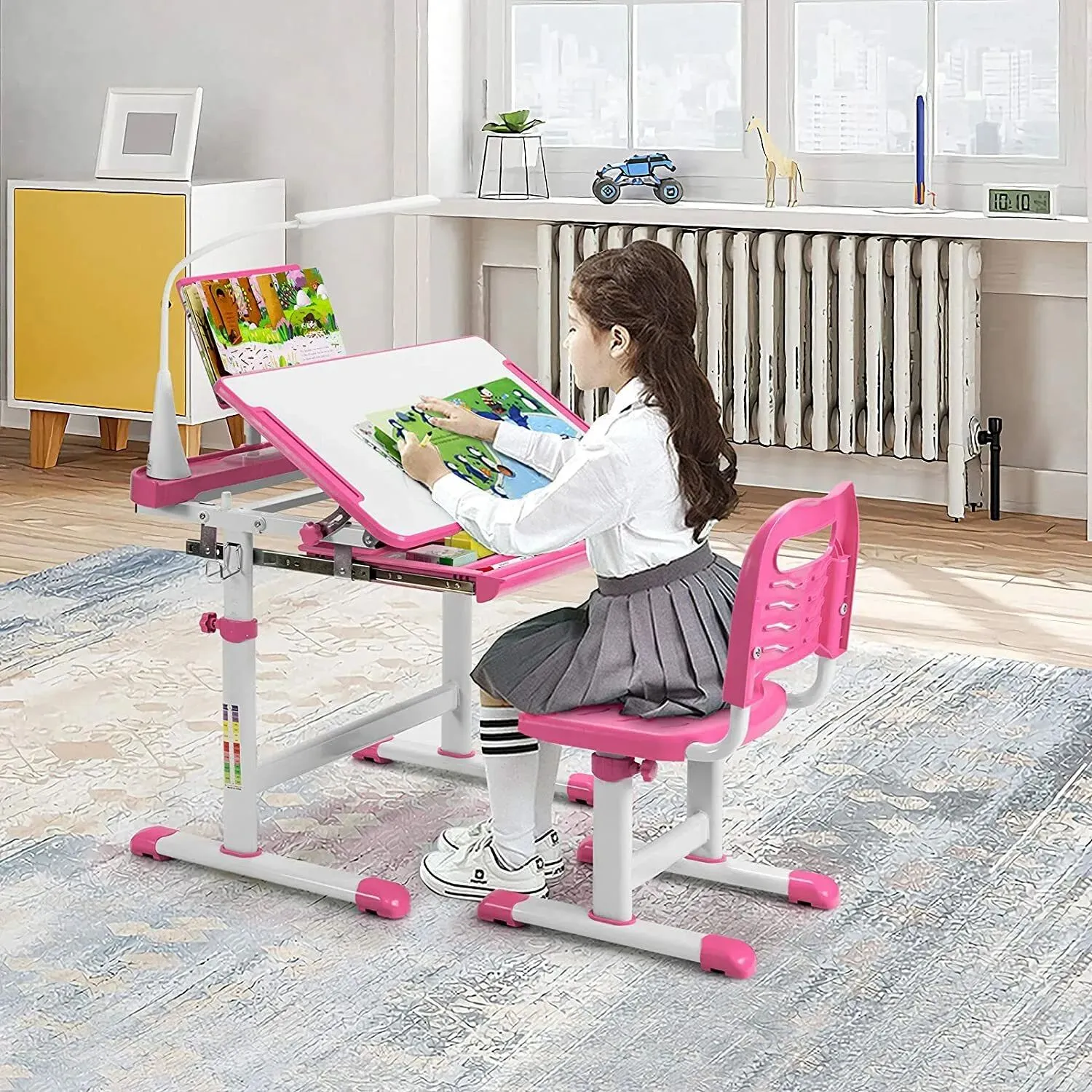 Costway Height Adjustable Study Table & Chair Set w/Book Stand & LED Light in Pink 5