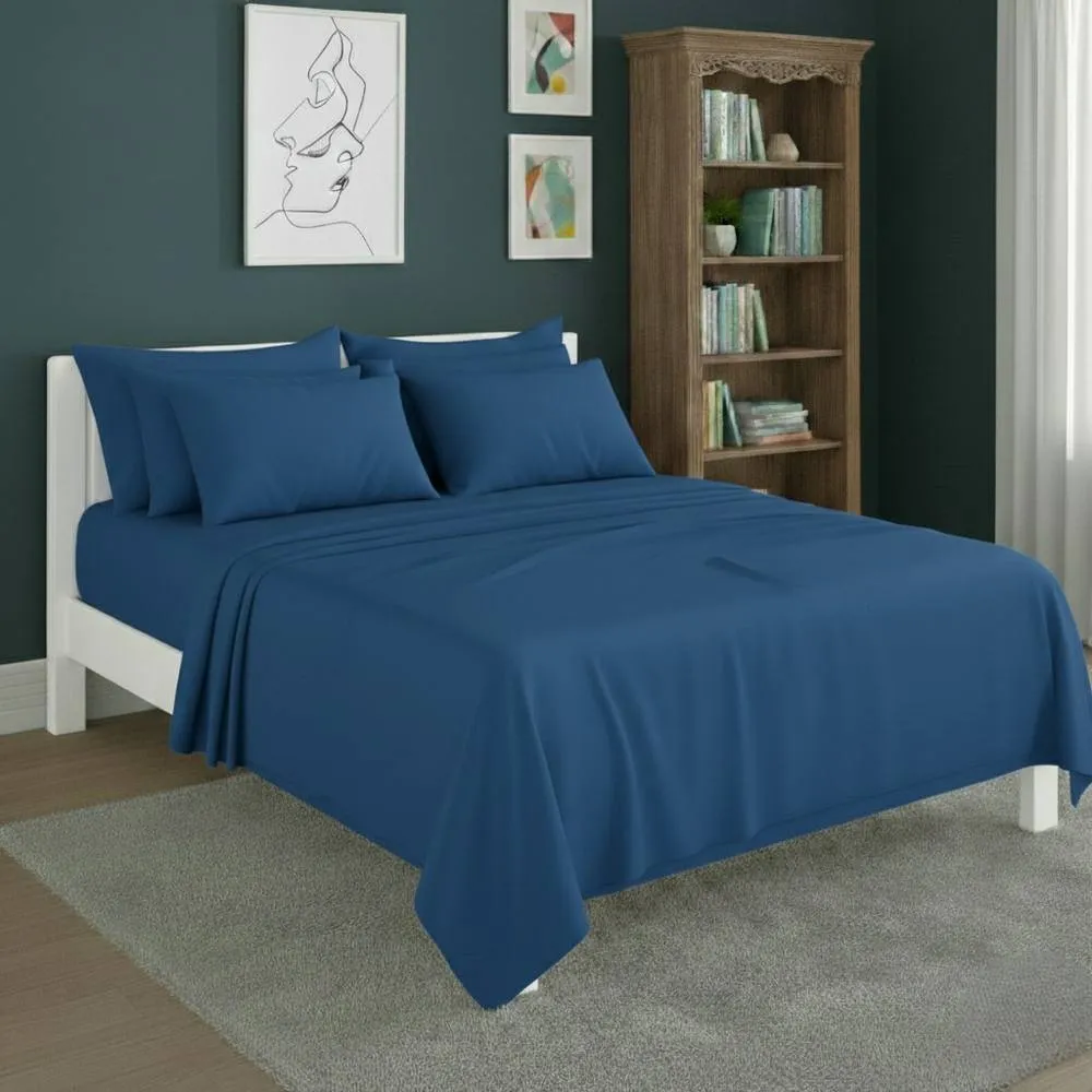 Snug City Plain Poly Cotton Easy Care Fitted Flat Sheet Matching Pillowcases Set in Mid Blue