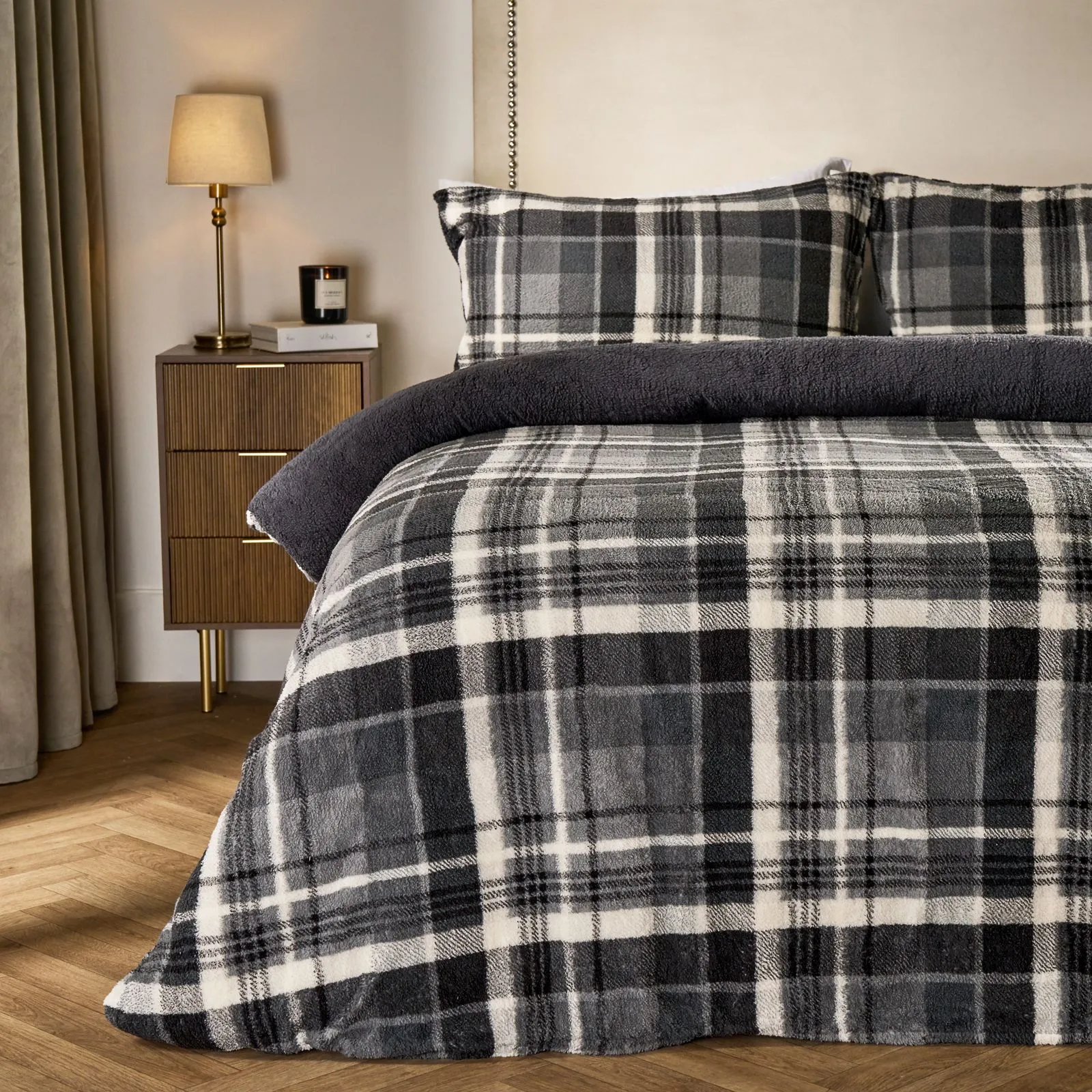 OHS Tartan Check Teddy Fleece Thermal Duvet Cover Bedding Set in Charcoal