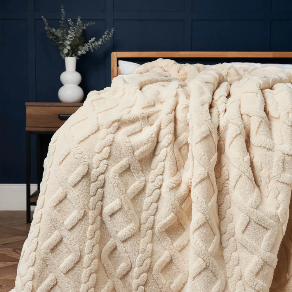 Cable Knit Throw with Sherpa Backing, Cream 1