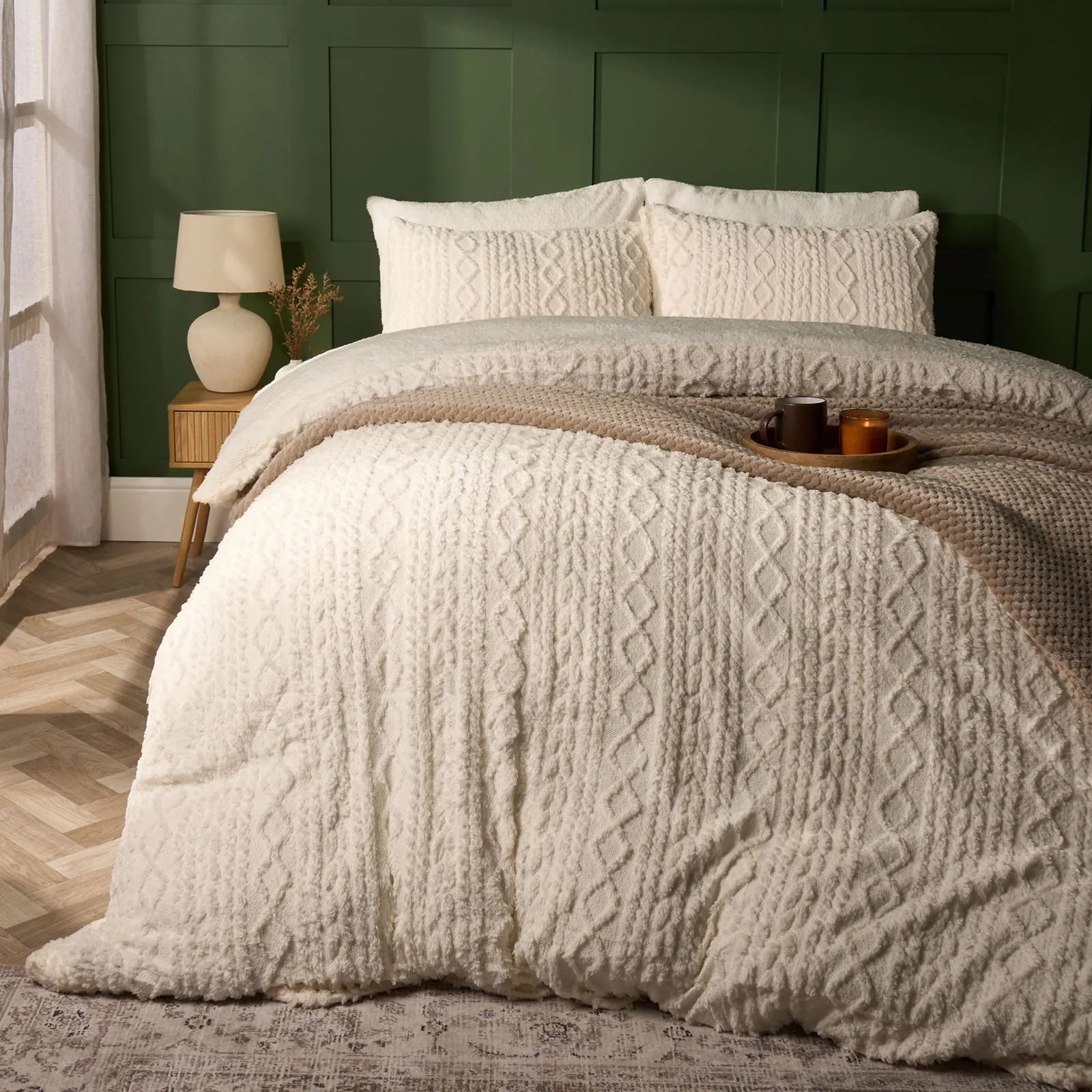 OHS Cable Knit Fleece Duvet Cover Set Warm Reversible Bedding in Cream