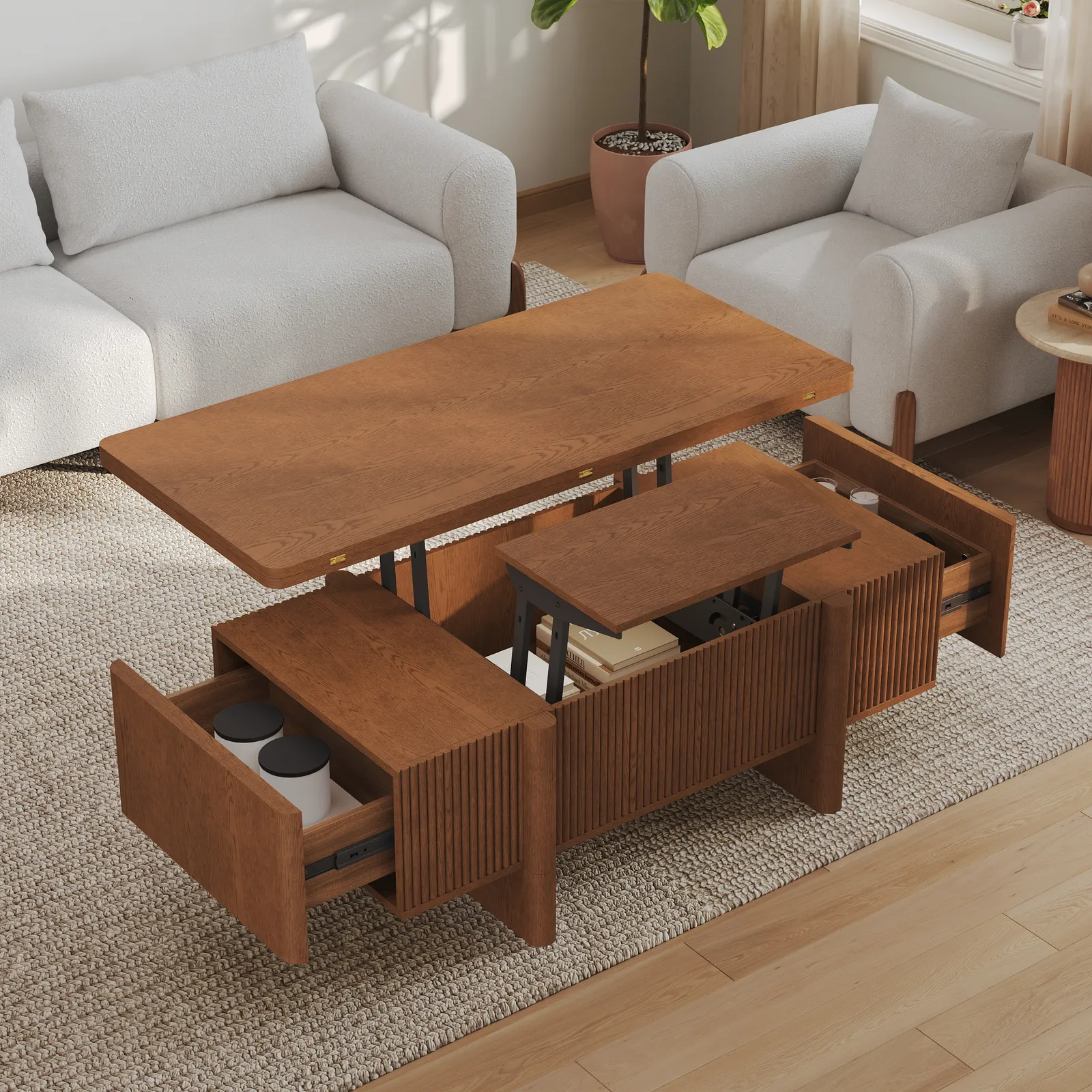 47" Fluted Lift-Top Walnut Coffee Table with 2 Drawers