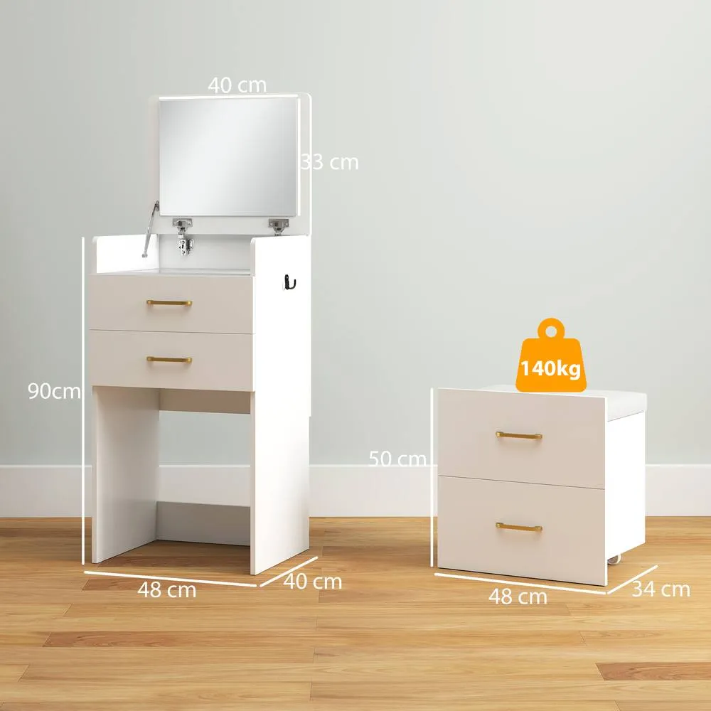 HOMCOM Two-Piece Dressing Table Vanity Desk with Mirror & Cushioned Stool in White 3