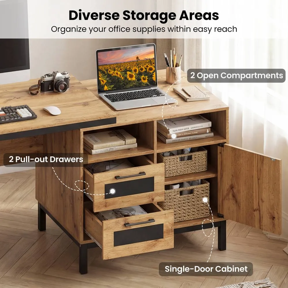 Costway 181cm Executive Desk Wooden Computer Table Workstation w/ Drawers in Natural 4