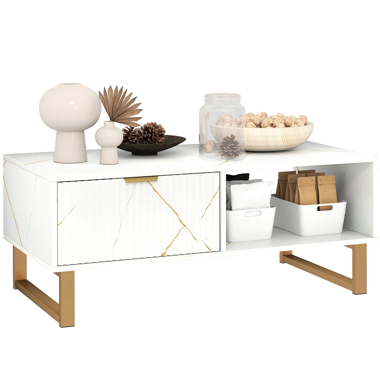HOMCOM Coffee Table, Living Room Table with Drawer & Open Shelves in White 2
