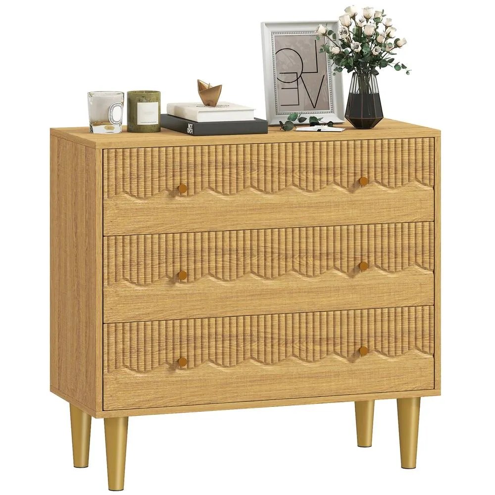 HOMCOM Chest of Drawers, 3 Drawer Dresser Steel Legs & Wooden Top, Oak in Natural 2