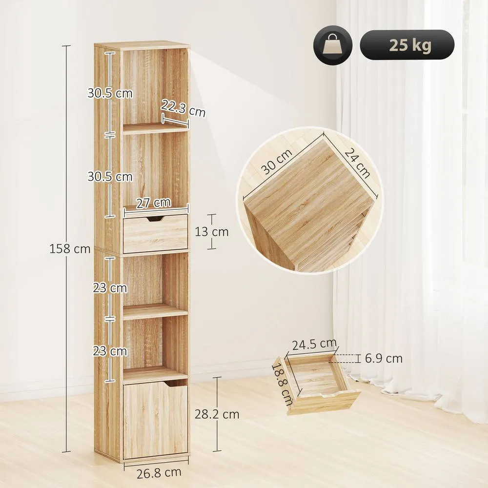 HOMCOM Narrow Bookshelf with Drawer, Tall Bookcase for Living Room in Natural 3