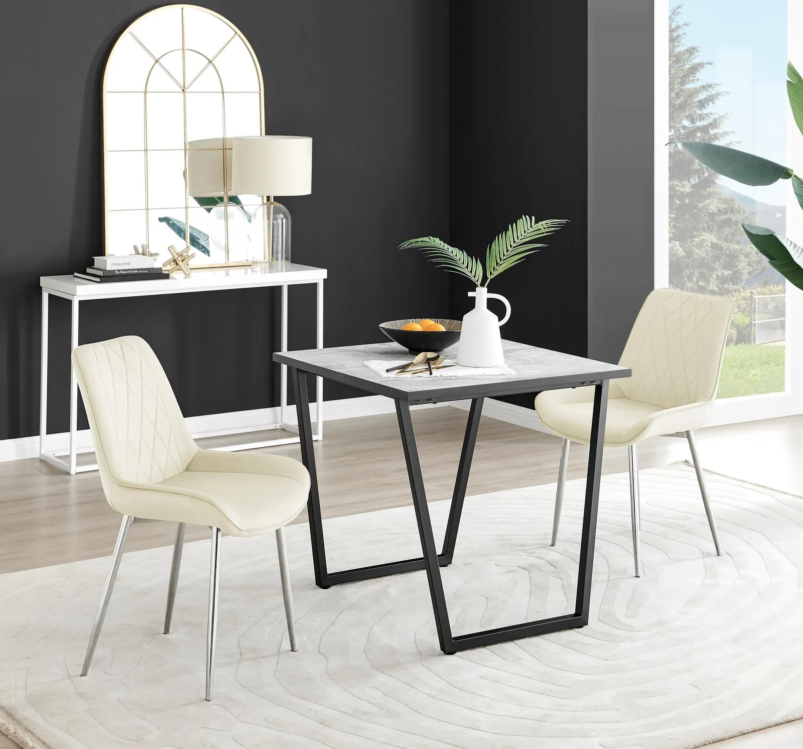 FurnitureboxUK Carson White Marble Effect Square Dining Table & 2 Velvet Pesaro Silver Leg Chairs in Cream 1