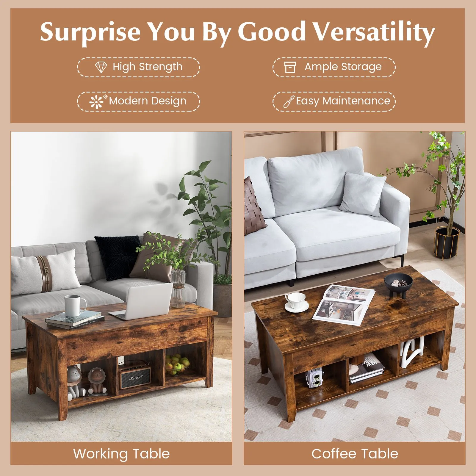 Costway Lift Top Coffee Table Modern Wooden Lift Top Dining Cocktail Table Living Room in Brown 6