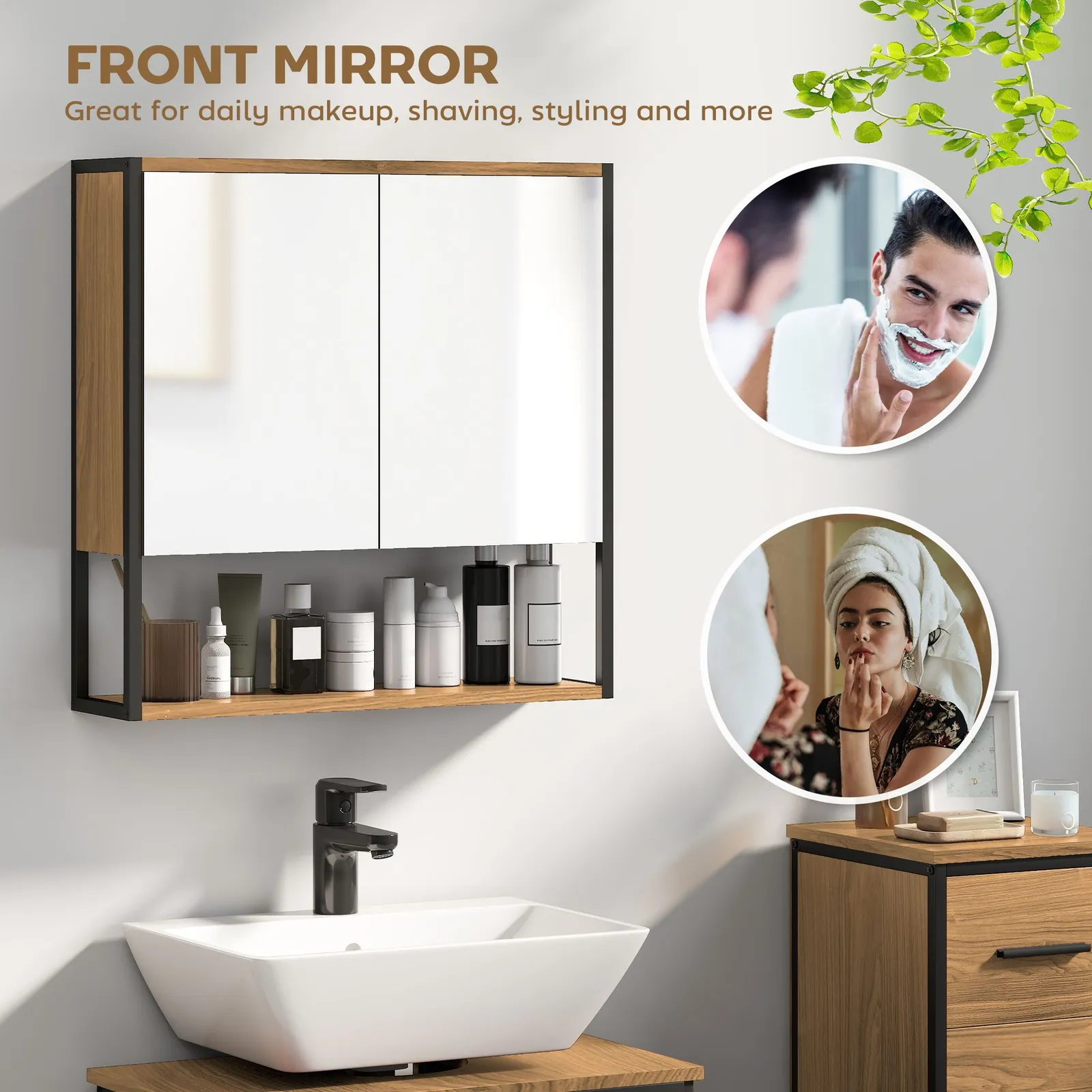 HOMCOM Industrial Bathroom Cabinet with 2 Mirrored Doors Open Shelf, Natural 4