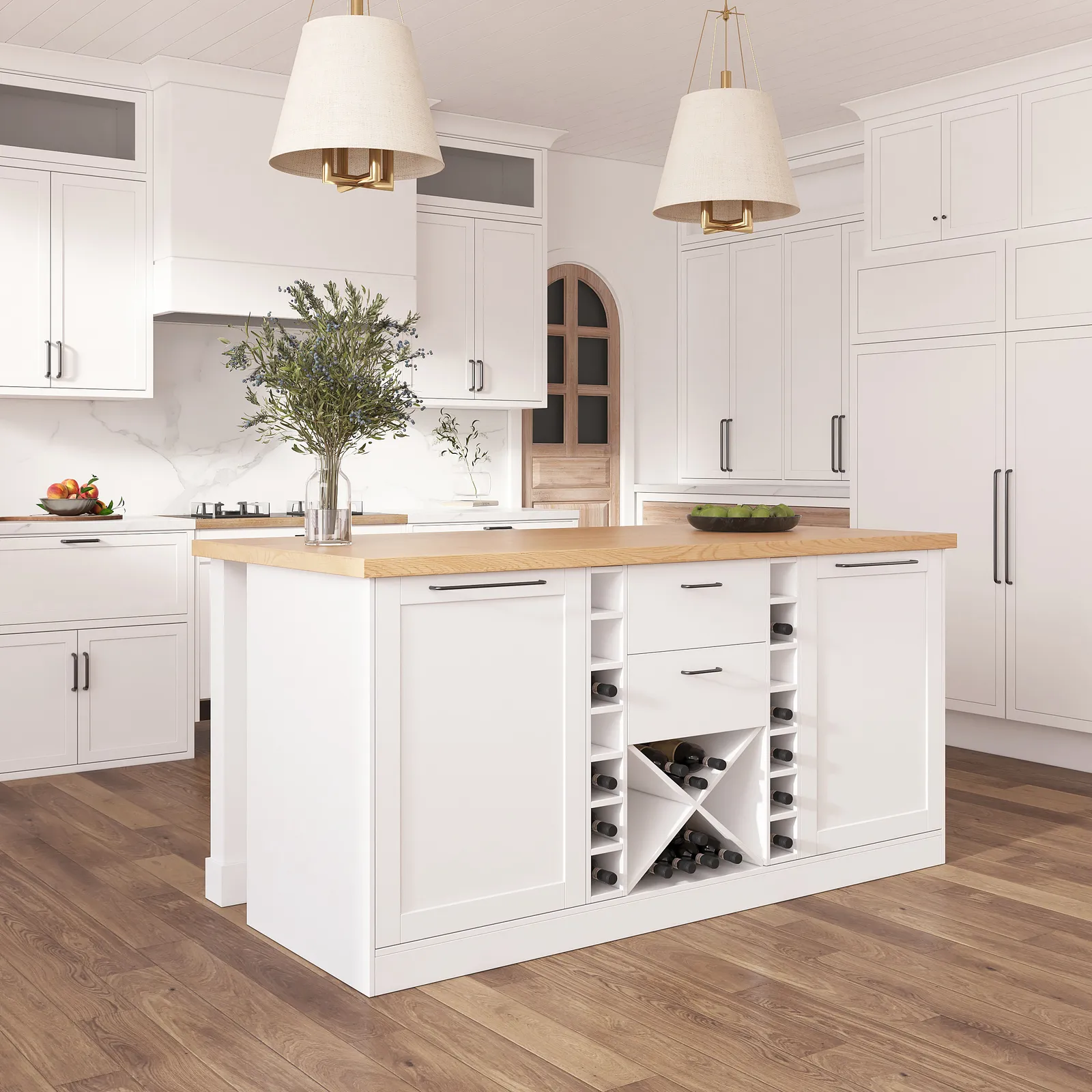 59.1'' Kitchen lsland with Wine Storage White Modern Large Kitchen Cabinet