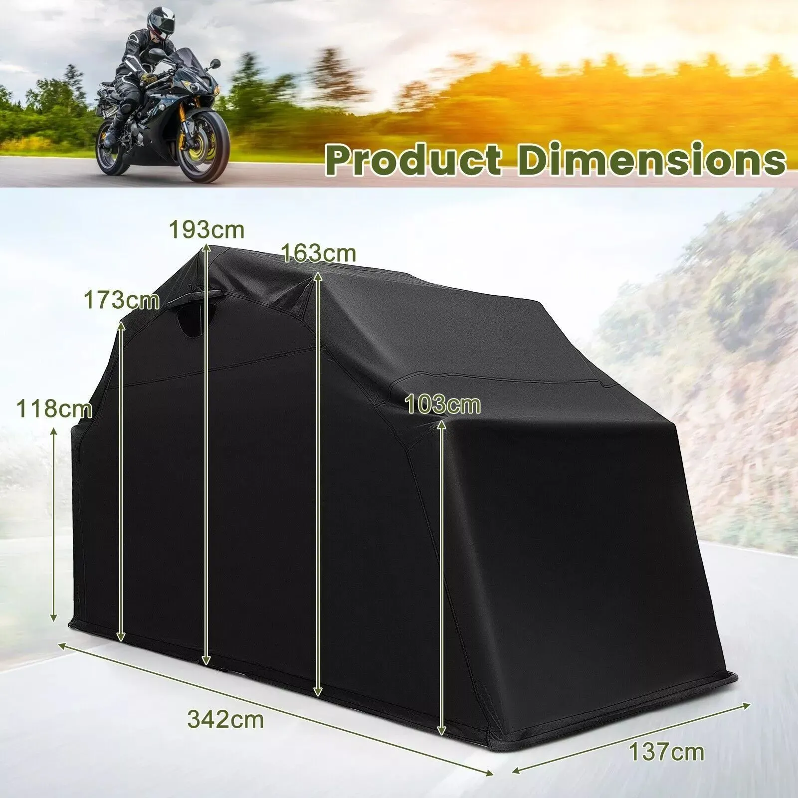 Costway 342 x 137 x 193cm Outdoor Motorcycle Shelter Portable Garage Motorbike Storage Shed in Black 6