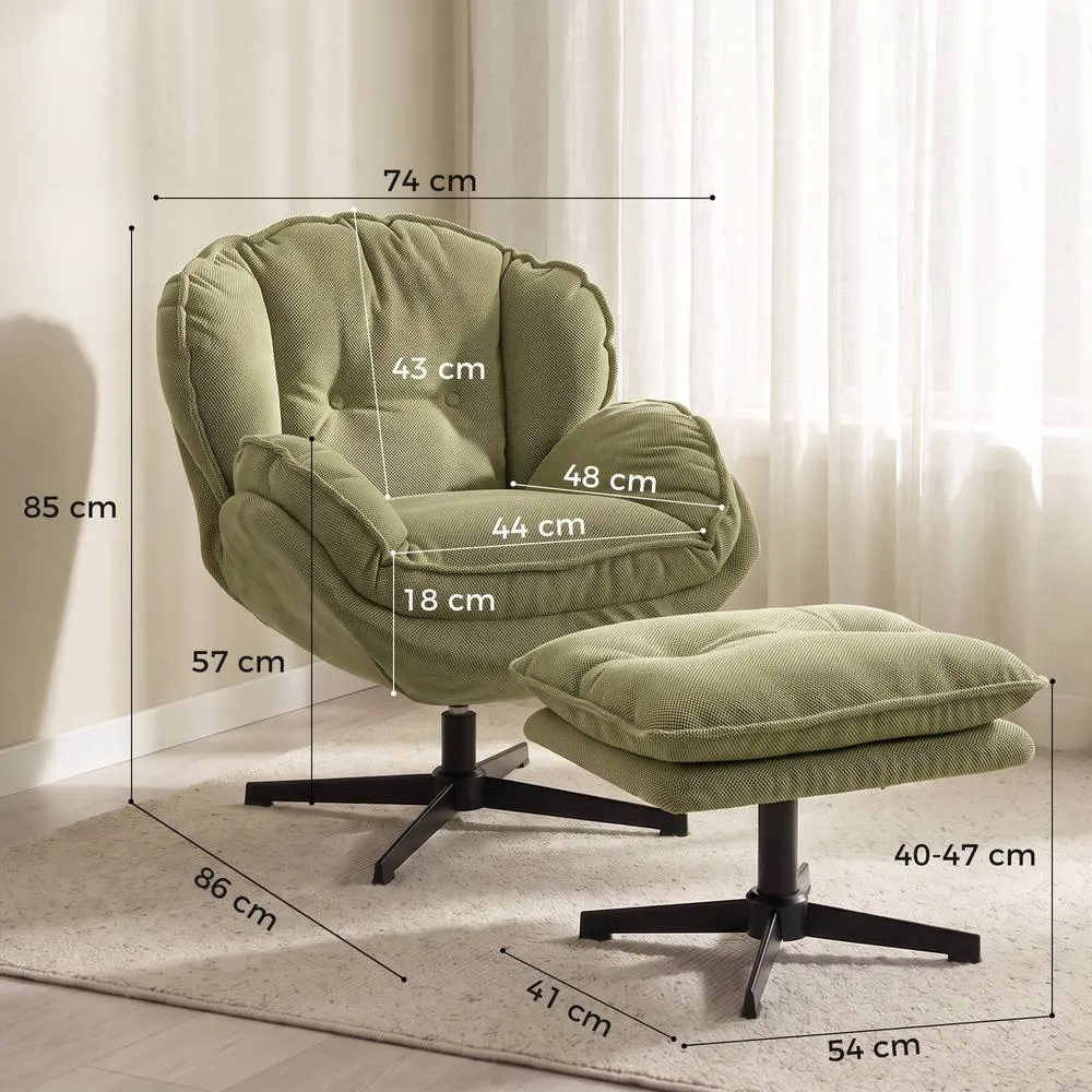 HOMCOM Armchair with Adjustable Footstool, 360° Swivel Accent Chair in Green 3