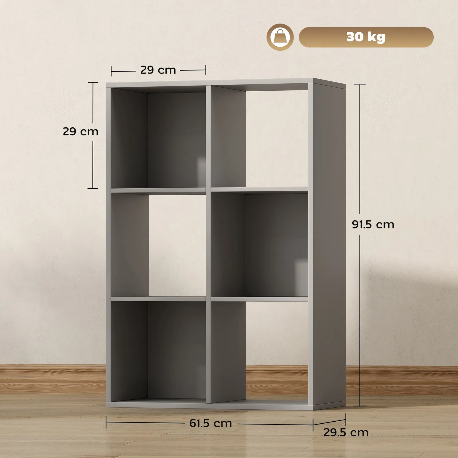 HOMCOM 6-Cube Bookshelf, Display Shelving Unit for Home Office, Light Grey 3