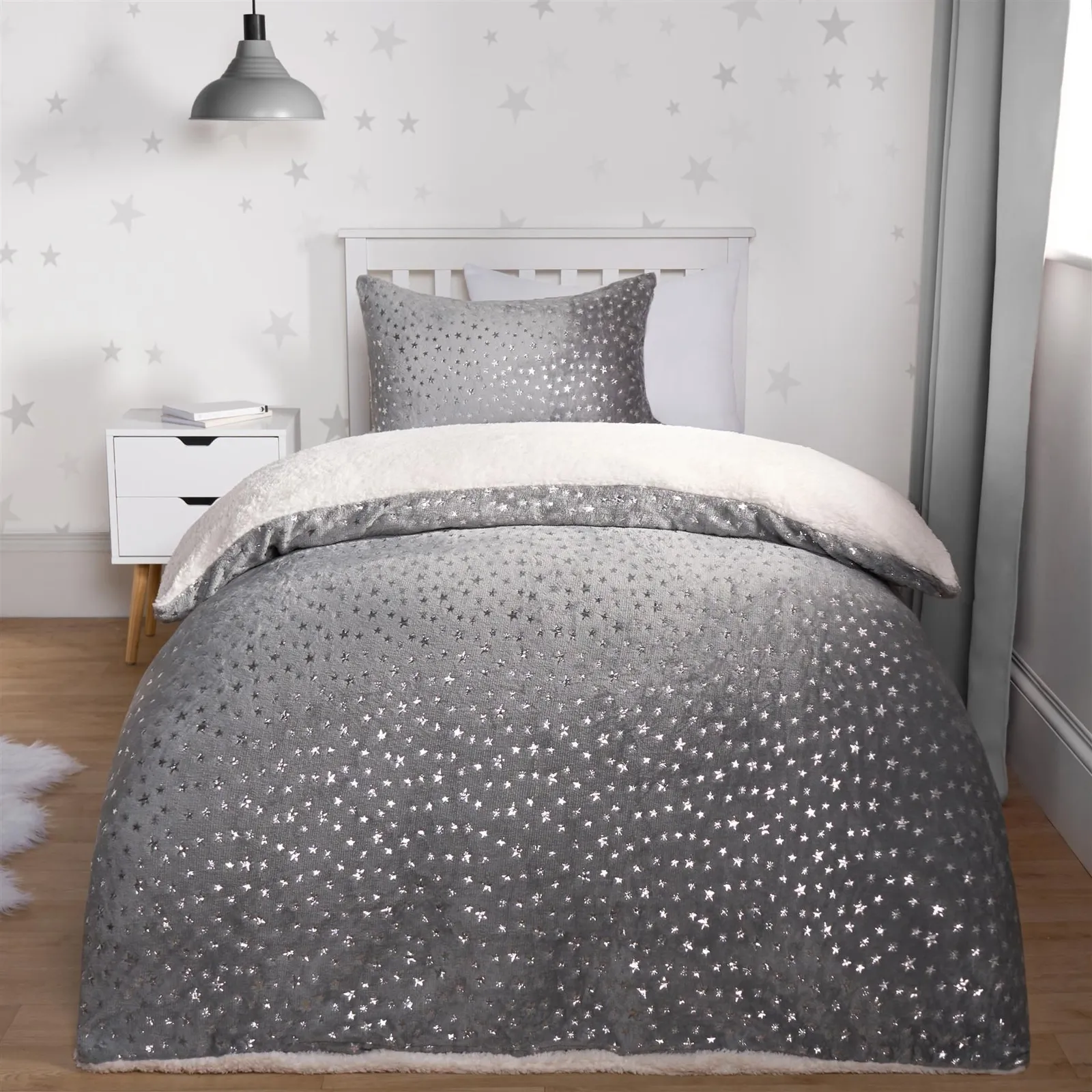OHS Star Fleece Duvet Cover Bedding Set Metallic Foil Pillowcase Quilt in Charcoal