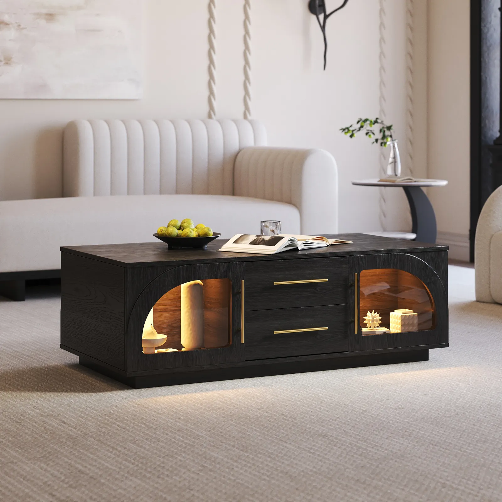 Arune Arched Glass Coffee Table Modern Black Living Room Furniture with Storage and LED Light