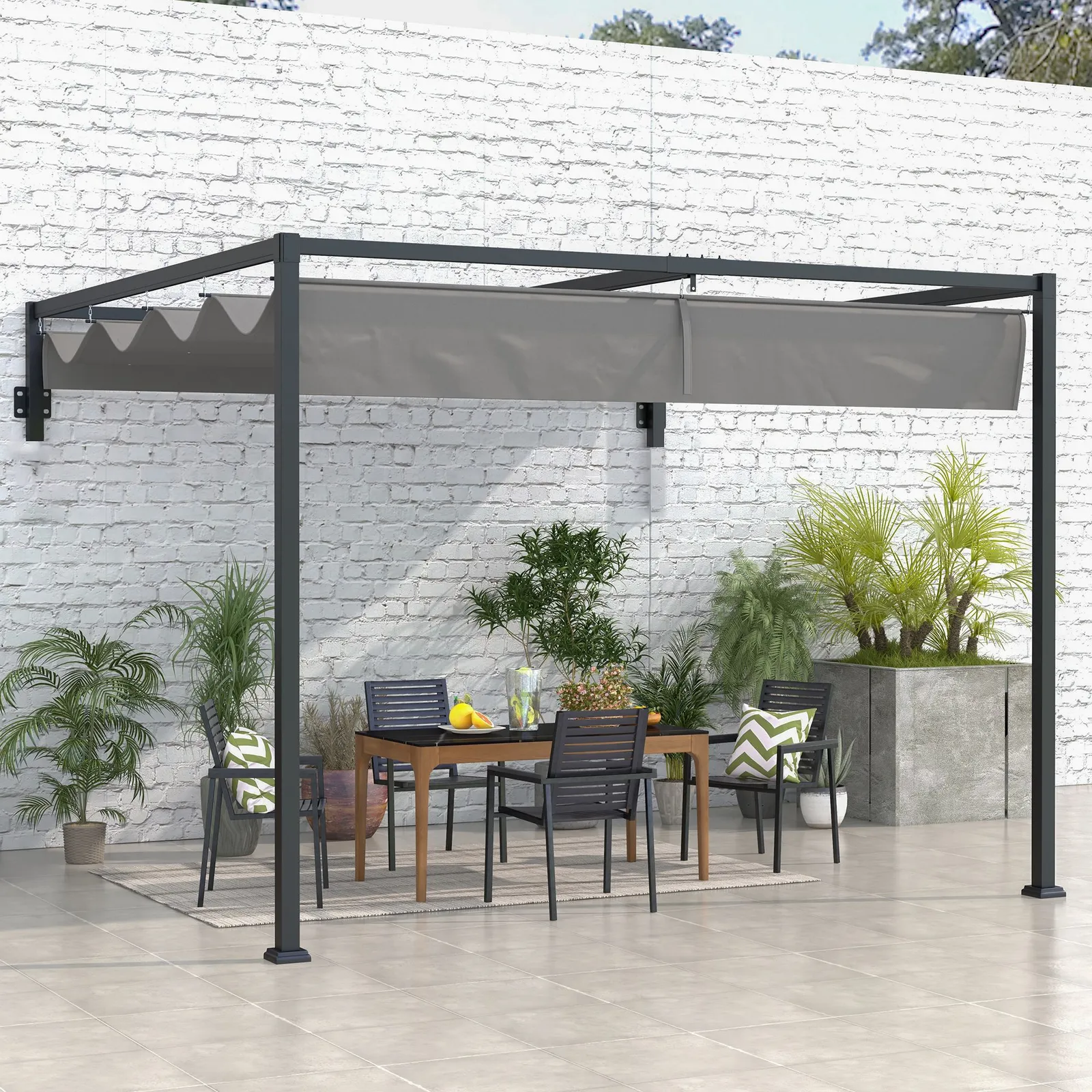 OUTSUNNY Wall Mounted Pergola with Retractable Sun Shade Canopy in Dark Grey