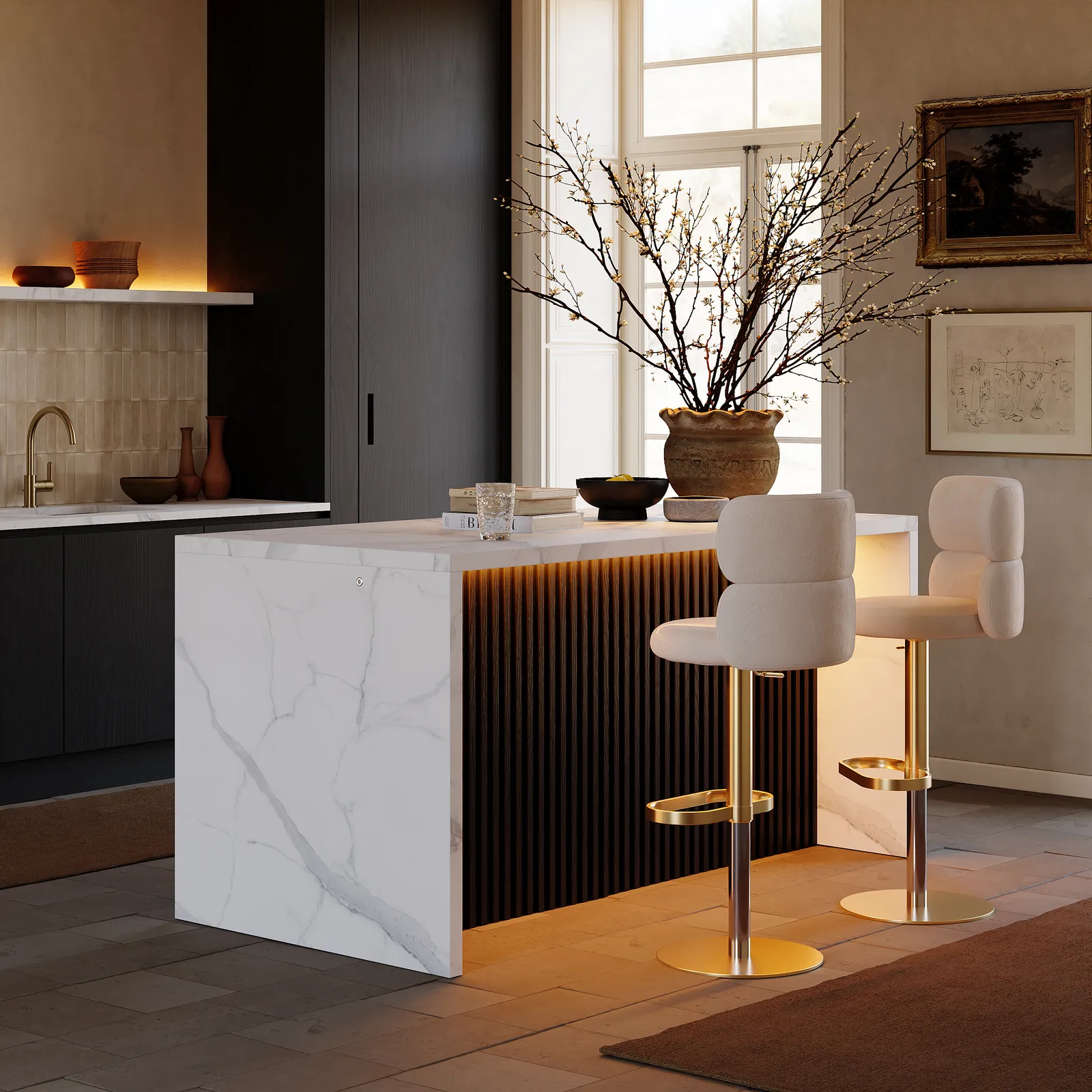 180 cm Modern Waterfall Kitchen lsland with Light & Storage