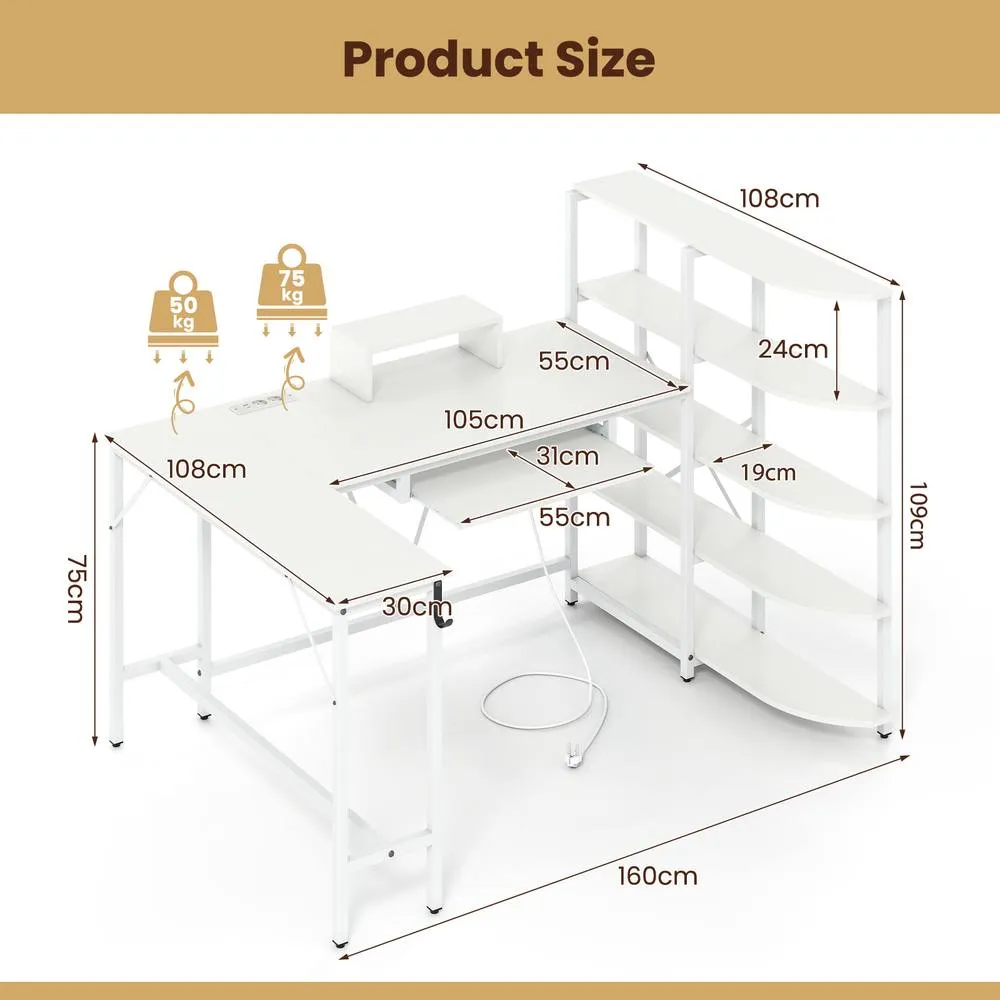 Costway L Shaped Desk with Corner Computer Desk White 5