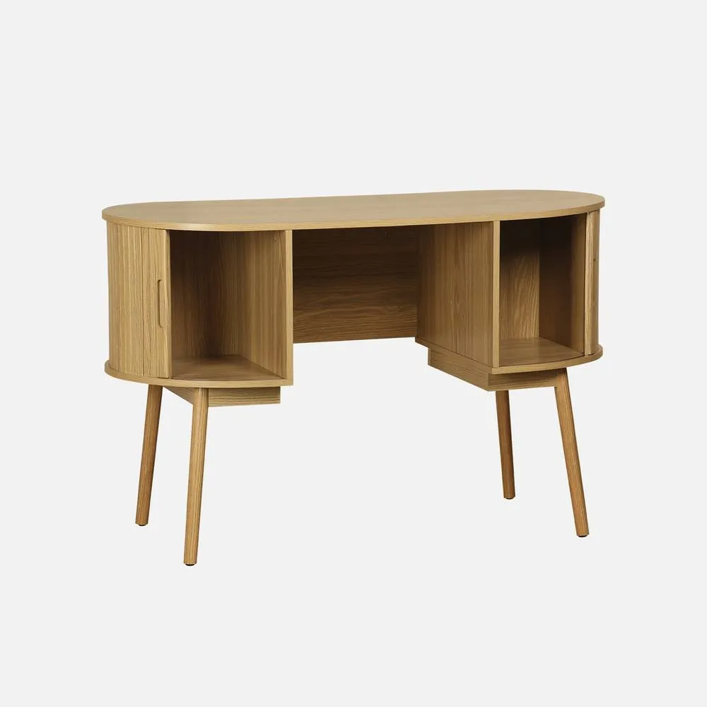 sweeek 120cm Grooved Wooden-effect Oval Desk With Two Storage Spaces in Light Brown 2