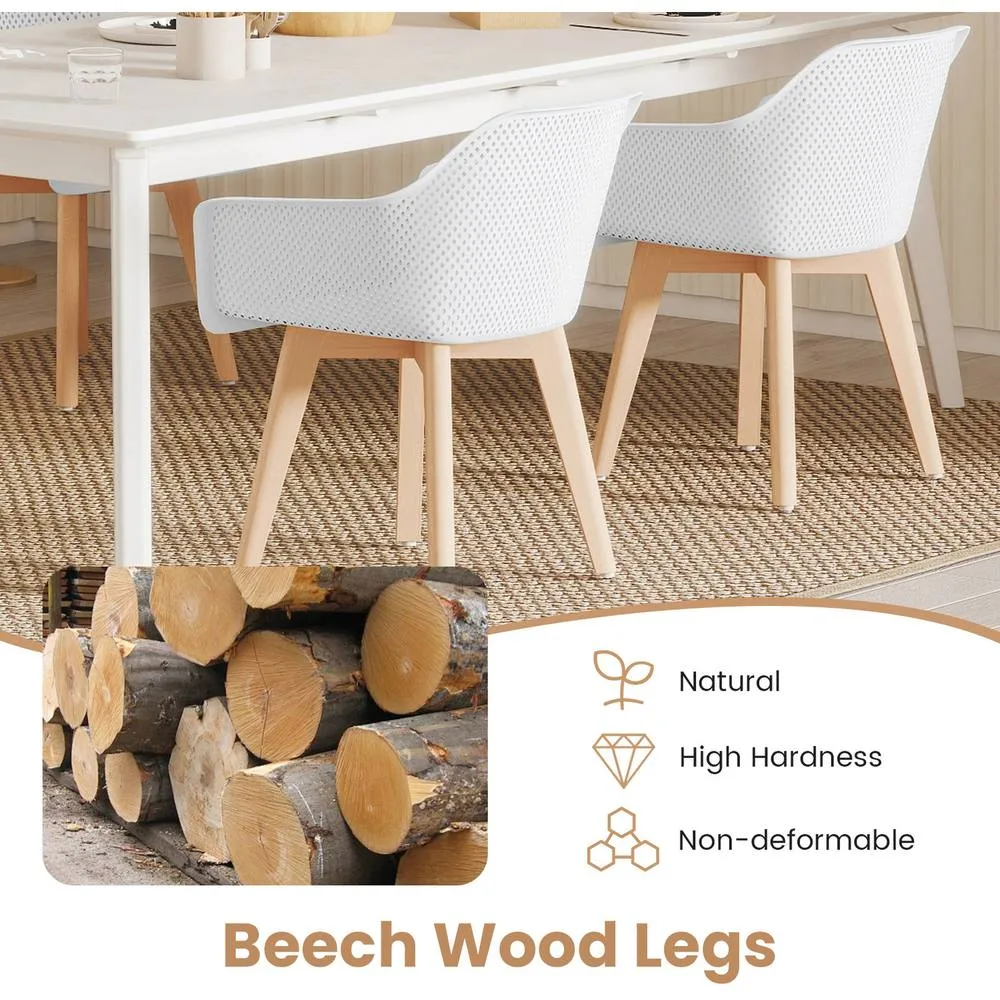 Costway Modern Plastic Dining Chairs Set of 2 Kitchen Armchairs w/Wood Legs in White 3