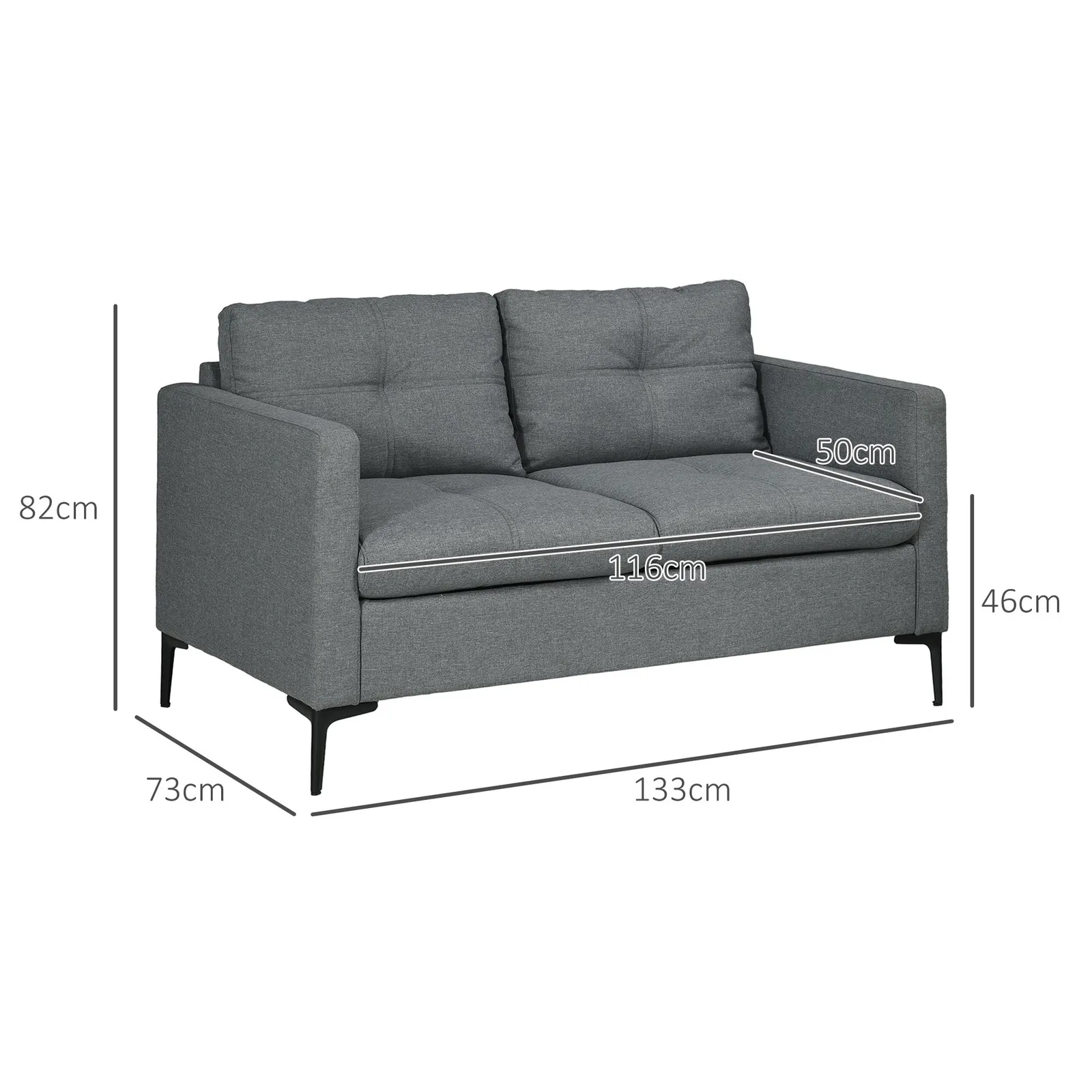 HOMCOM 133cm 2 Seater Sofa for Living Room Loveseat Sofa with Steel Legs in Dark Grey 3