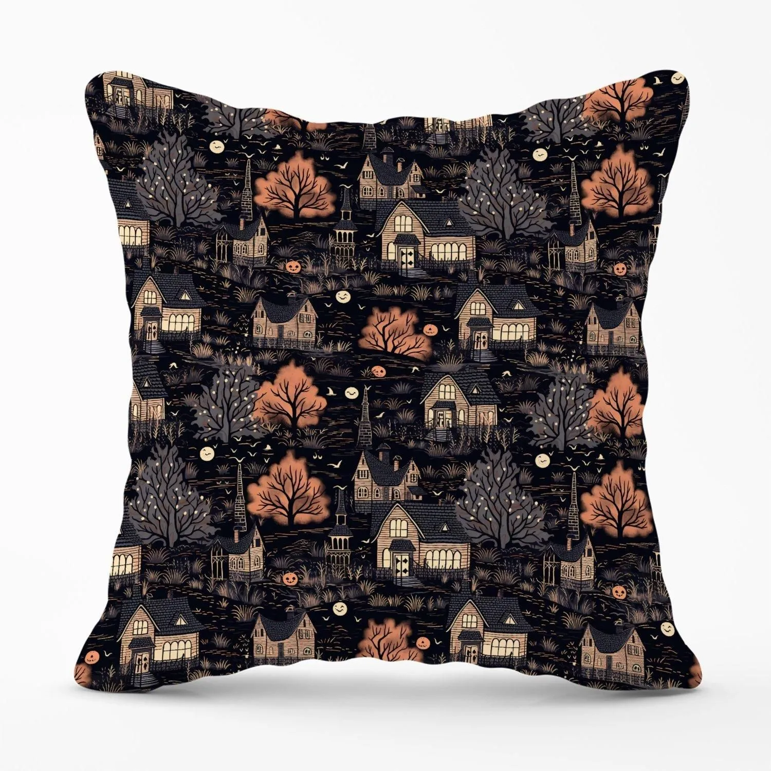 Warren Reed - Designer Spooky Haunted Houses Pattern Outdoor Cushion in Brown