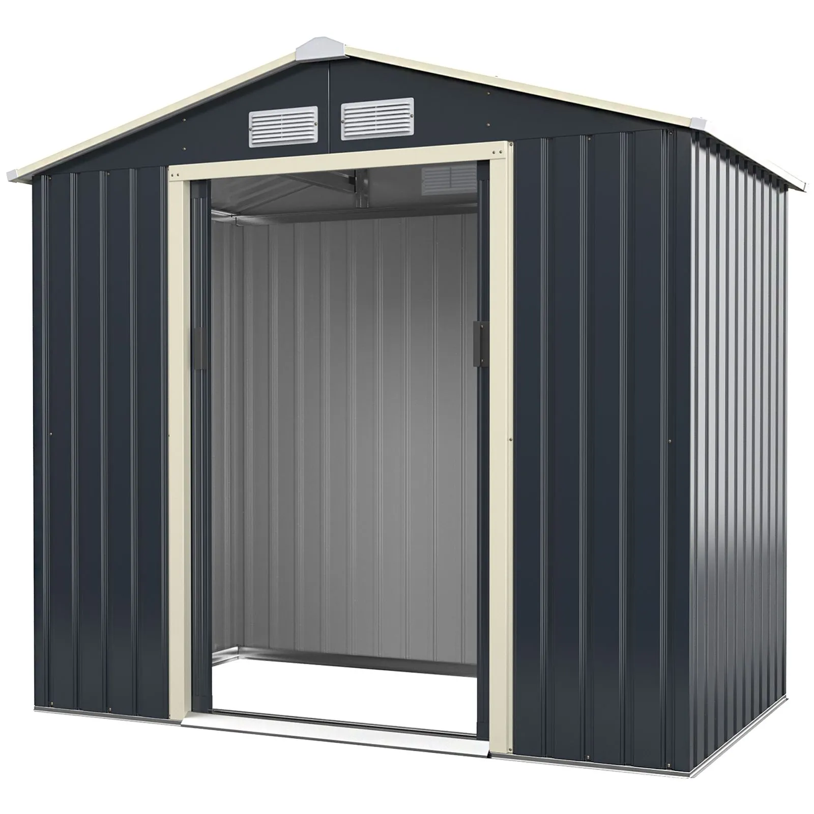 Costway 7 x 4FT Metal Garden Storage Shed Galvanized Tool Storage House w/ Lockable Doors in Grey