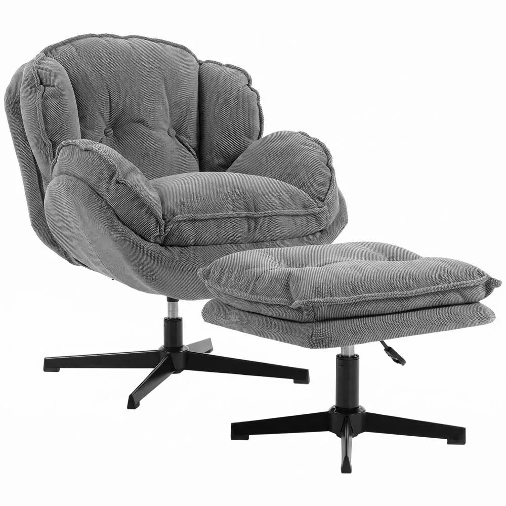HOMCOM Armchair with Adjustable Footstool, 360° Swivel Accent Chair in Grey 1