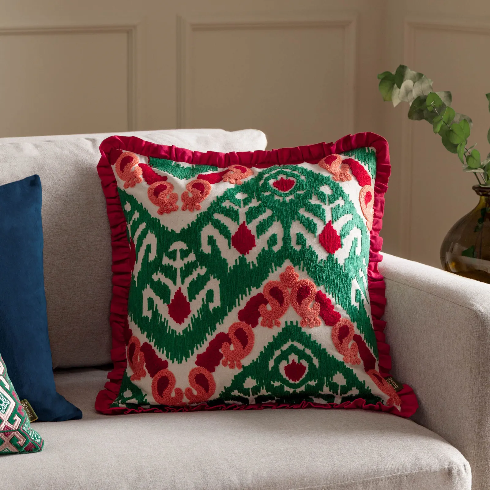 Paoletti Henderson Embroidered 100% Cotton Cushion in Pink 1