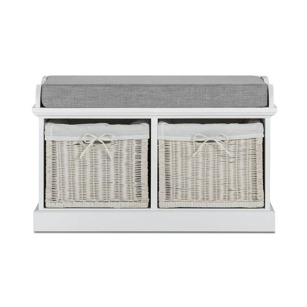 Statement Furniture Tetbury 2 White Wicker Basket & Grey Cushion Hallway Set 5