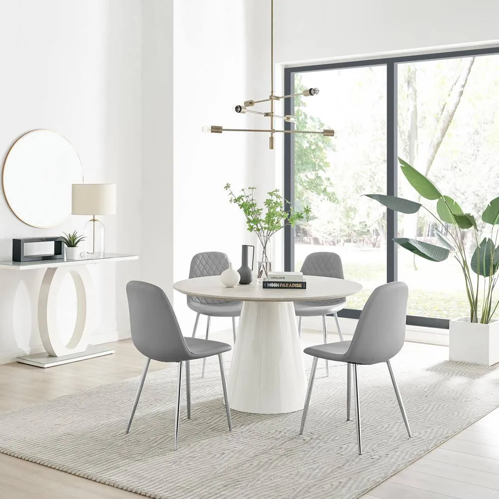 FurnitureboxUK Palma Beige Stone Effect Round Dining Table & 4 Corona Silver Chairs in Grey